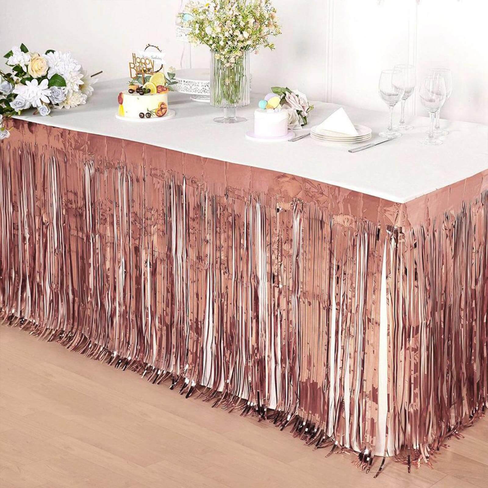 Metallic Foil Fringe Table Skirt Rose Gold with Self Adhesive Backing - Durable Tinsel Skirt for Parties 30"x9ft