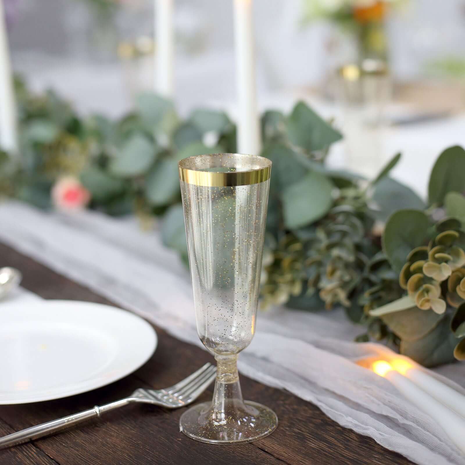 12-Pack Plastic Champagne Flutes Clear Gold Glittered with Gold Rim - Stylish Disposable Cocktail Glasses for Parties 5oz 6"