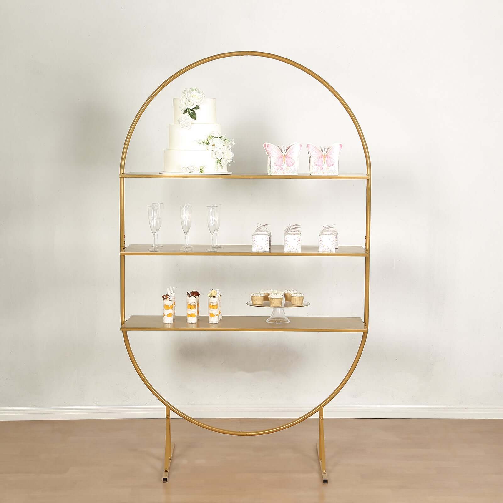 3-Tier Metal Oval Cupcake Dessert Stand Gold - Large Versatile Floor Standing Arch Cake Display Shelf Rack for Luxurious Event and Party Settings 6.5ft