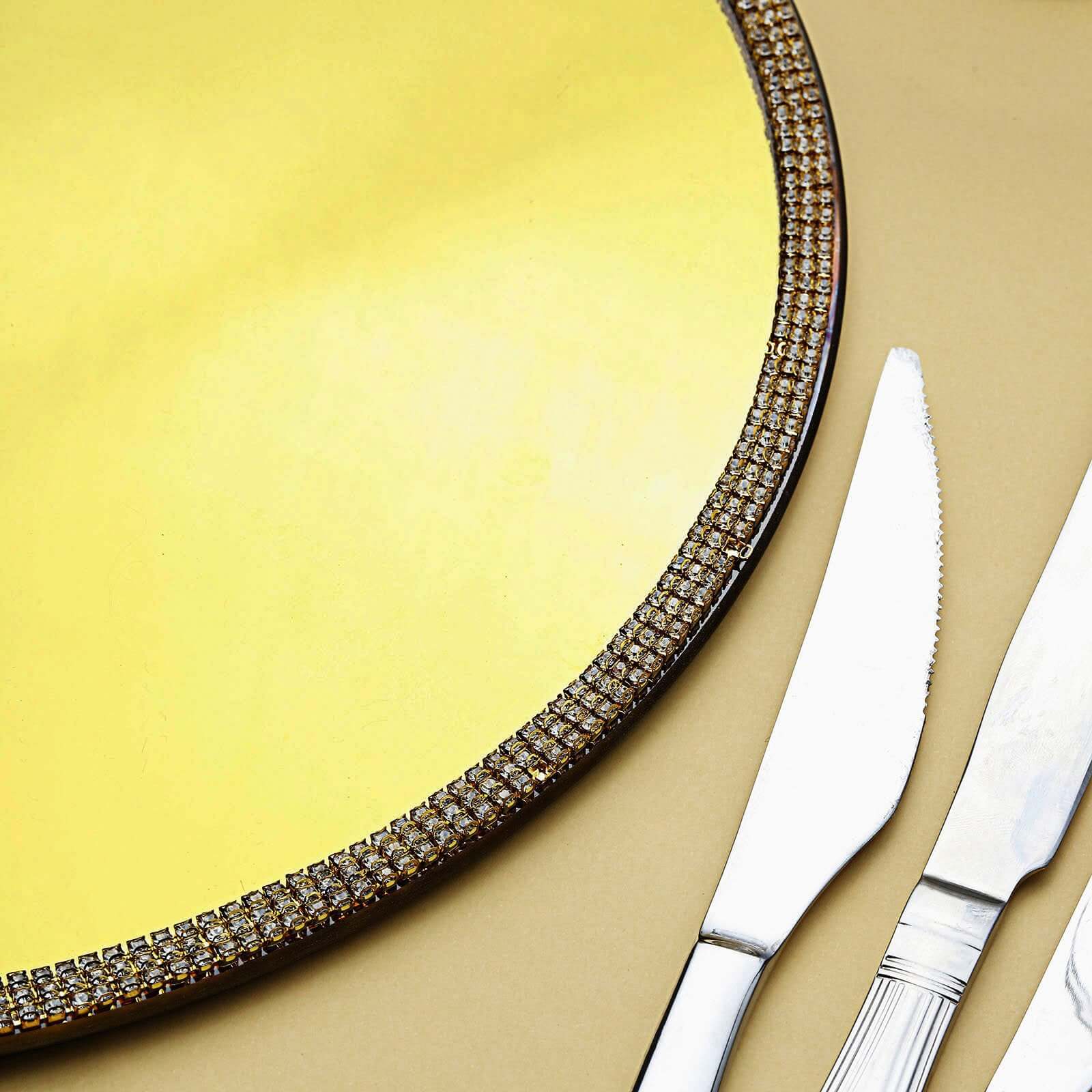 2-Pack Mirror Glass Round Charger Plates 13" with Metallic Gold Mirror Rhinestone Rim, Dazzling Decorative Chargers