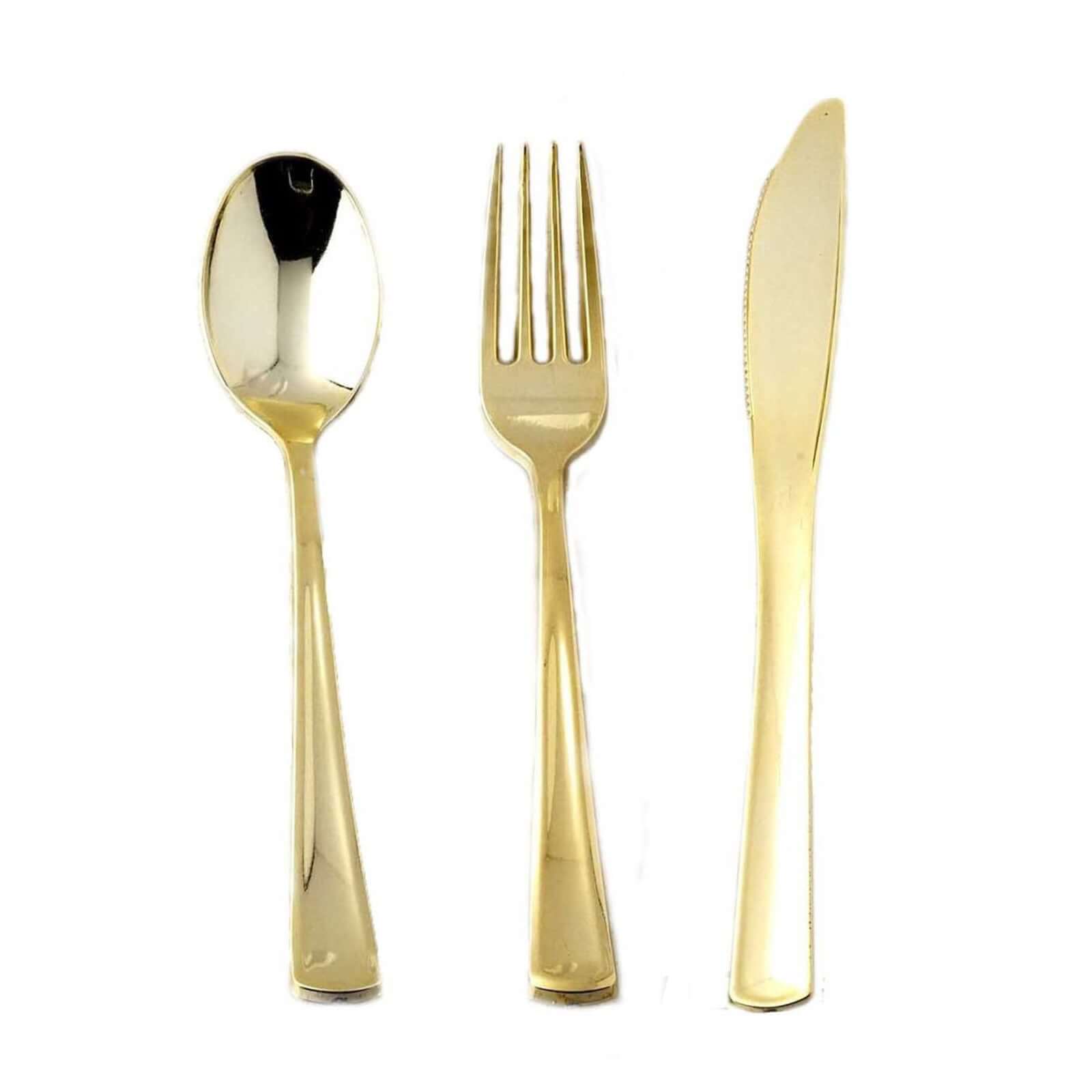 25-Pack Plastic Utensil Set Metallic Gold Classic Heavy Duty - Decorative Disposable Tableware 7", 8"