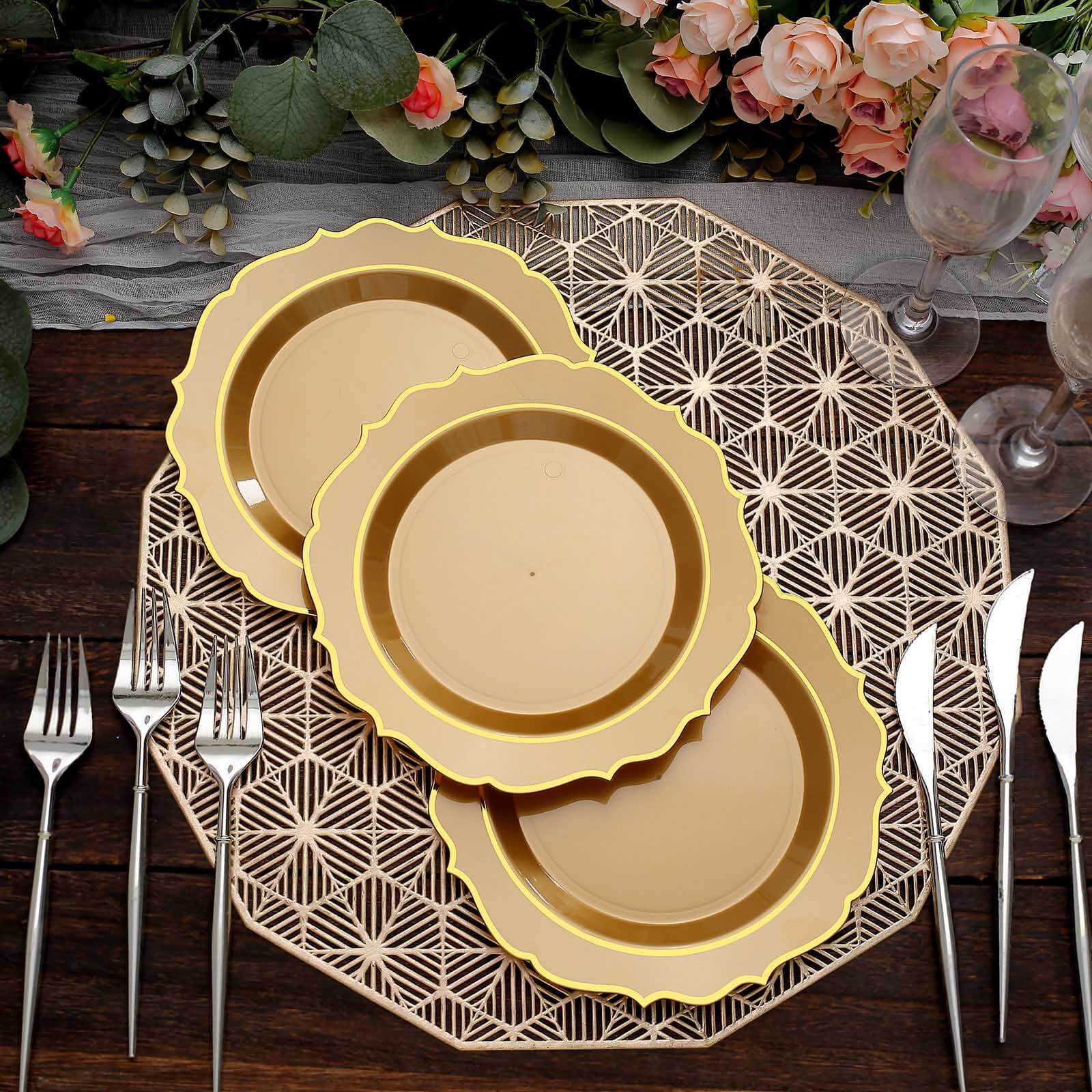10-Pack Plastic 8" Round Desert Plates in Gold with Gold Scalloped Rim - Disposable Appetizer/Salad Plates