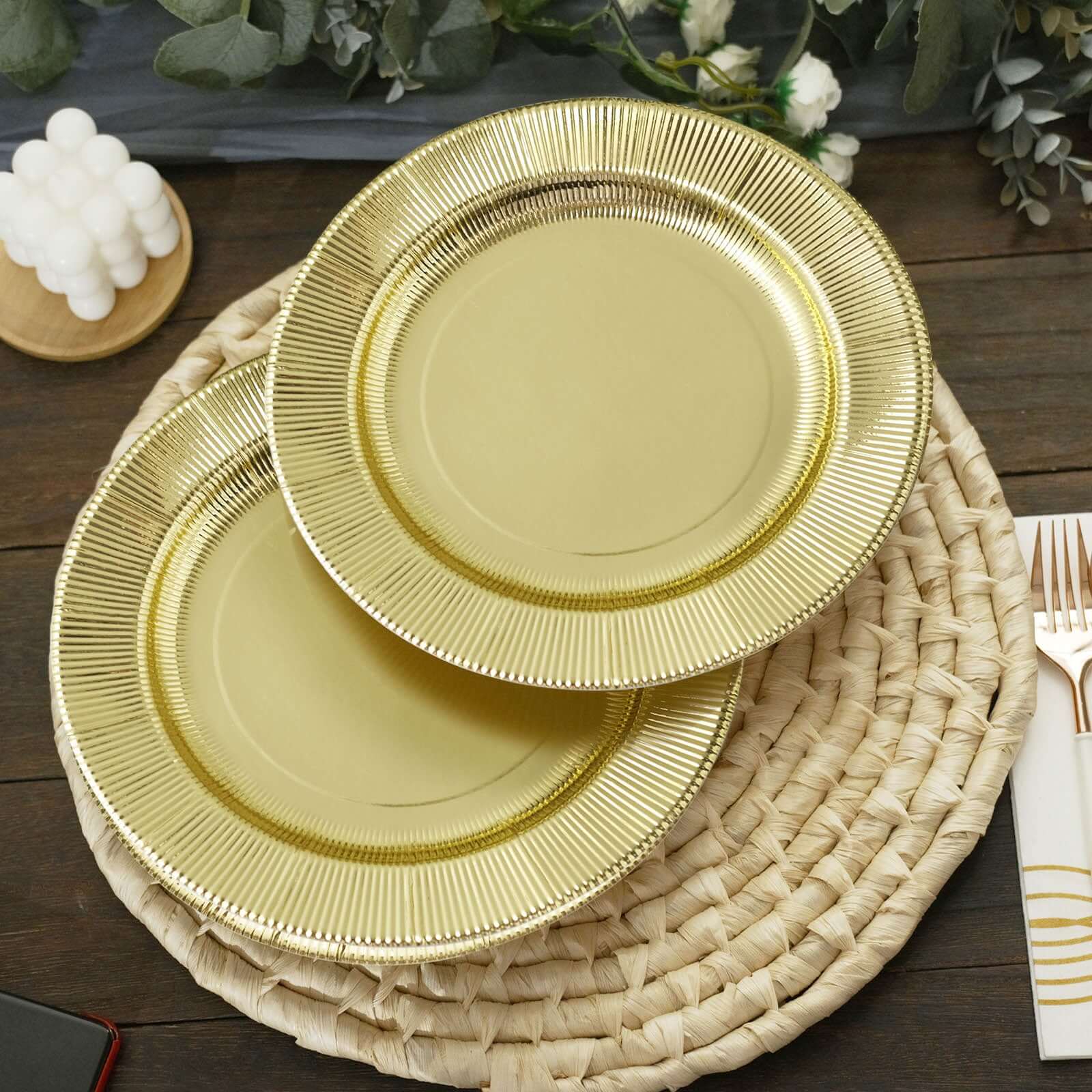 25-Pack Paper 8" Round Dessert Plates in Metallic Gold Sunray Design - Disposable Heavy Duty 350GSM Appetizer Salad Plates