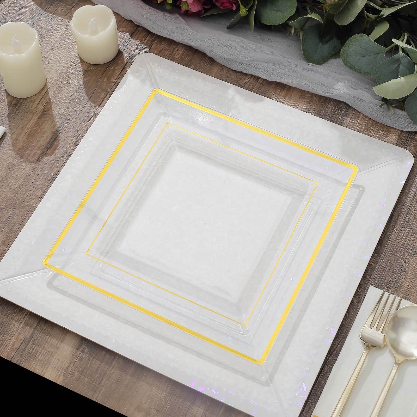 10 Pack 10" Gold Trim Clear Square Disposable Dinner Plates, Plastic Party Plates