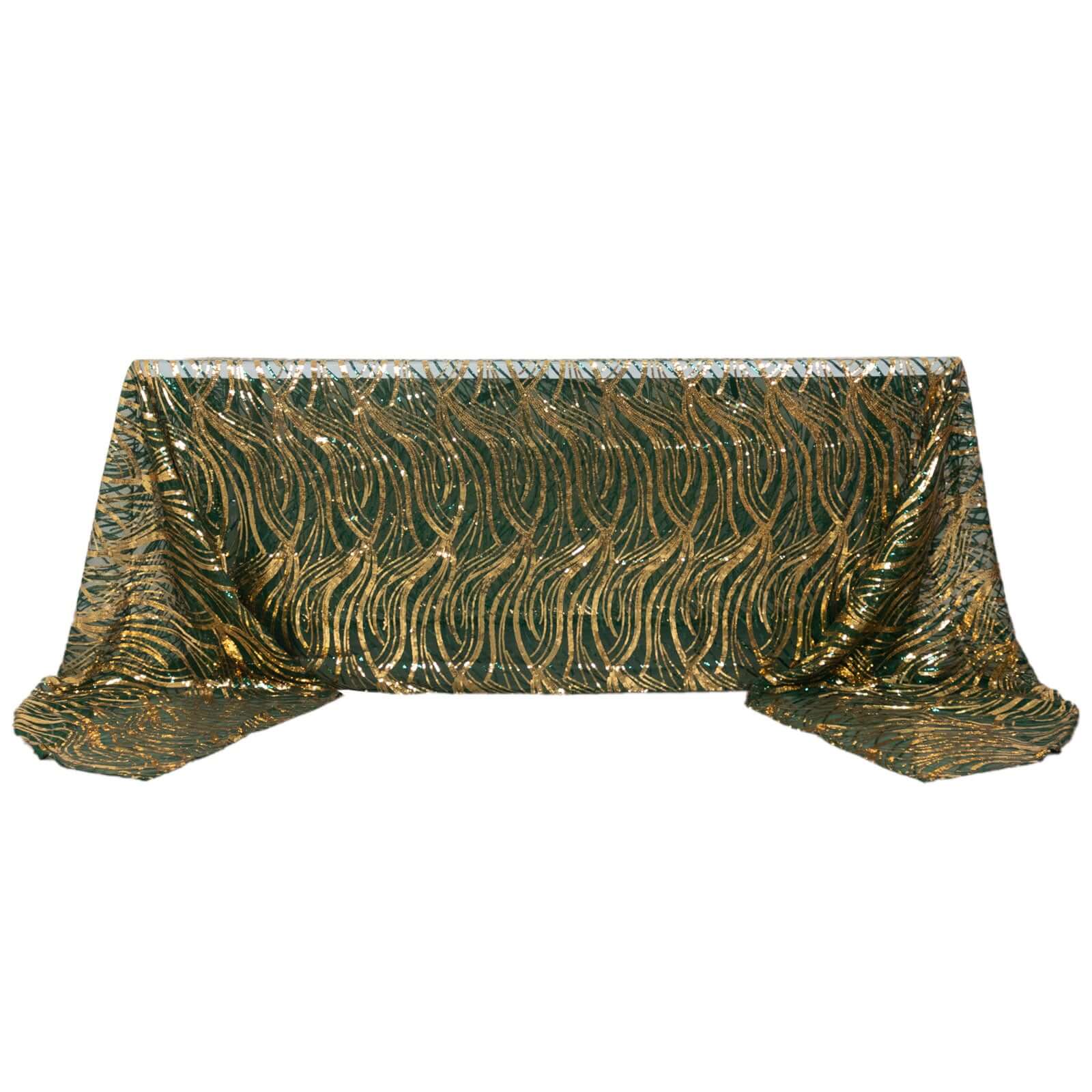 Mesh 90"x156" Rectangle Tablecloth Hunter Emerald Green/Gold - Wave Sequin Embroidered Table Cover