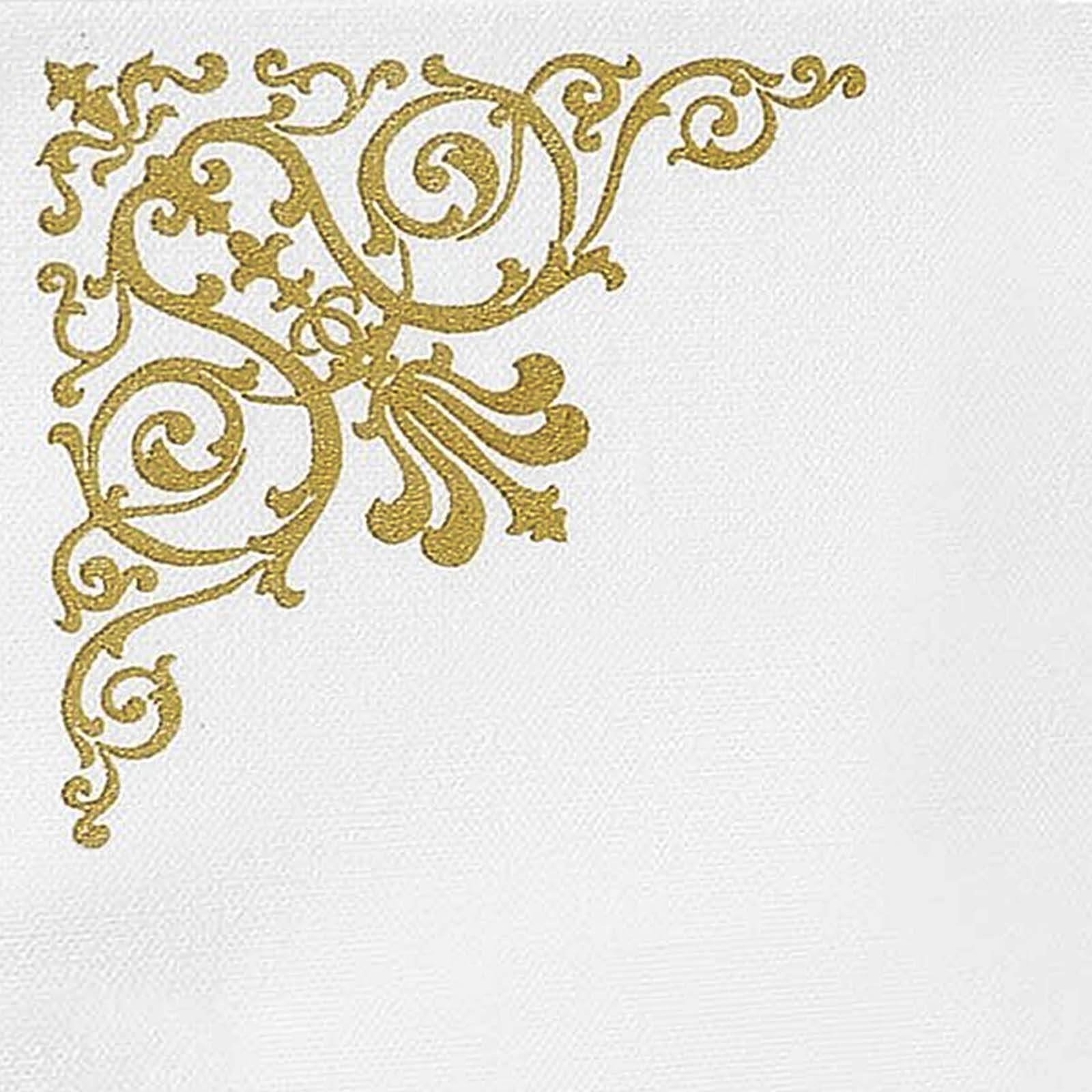 20 Pack Linen-Like Paper 5"x5" Napkins White - Gold Fleur Vintage Airlaid Cocktail Napkins