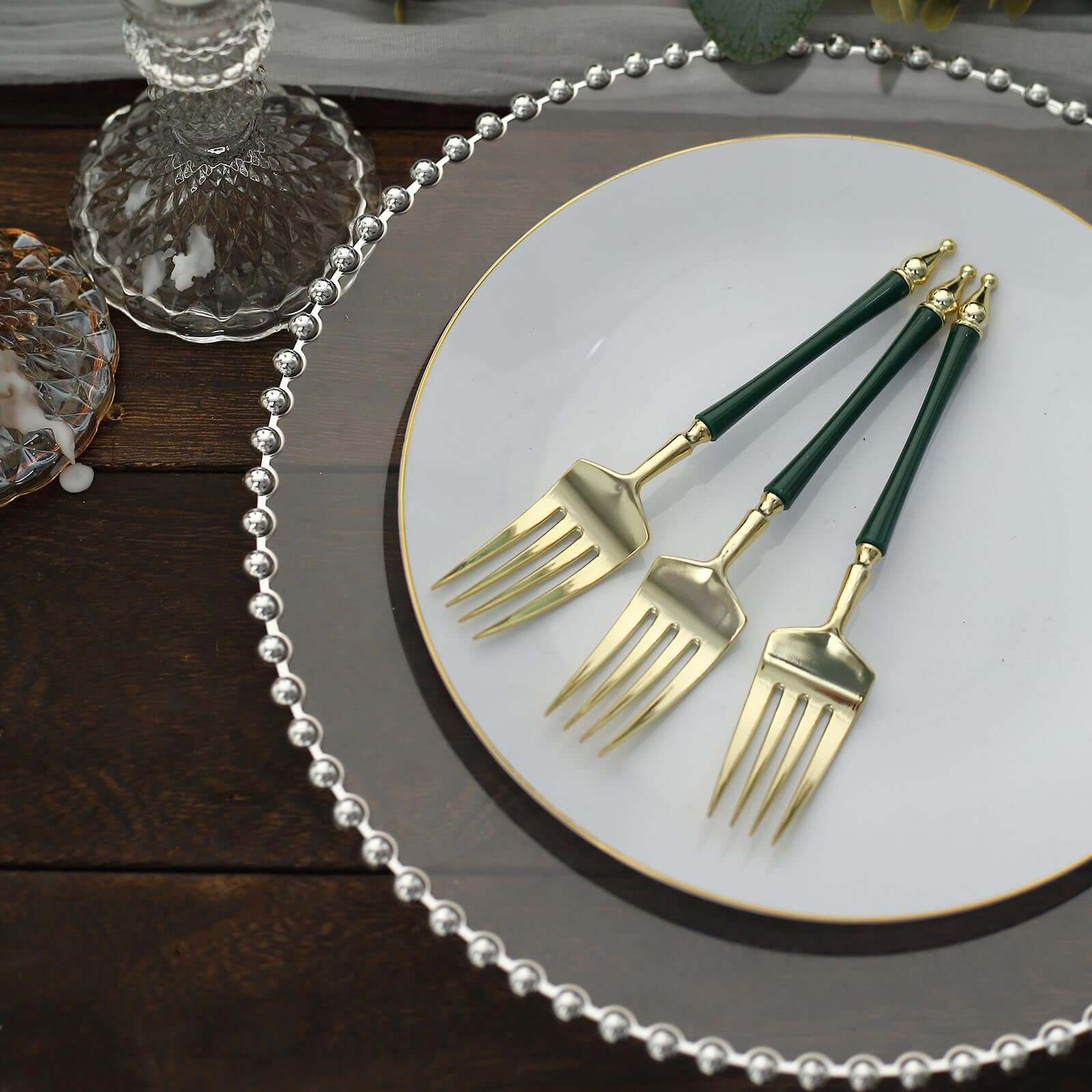 24 Pack 6" Gold Hunter Emerald Green Plastic Dessert Forks With Roman Column Handle, European Style Disposable Utensils