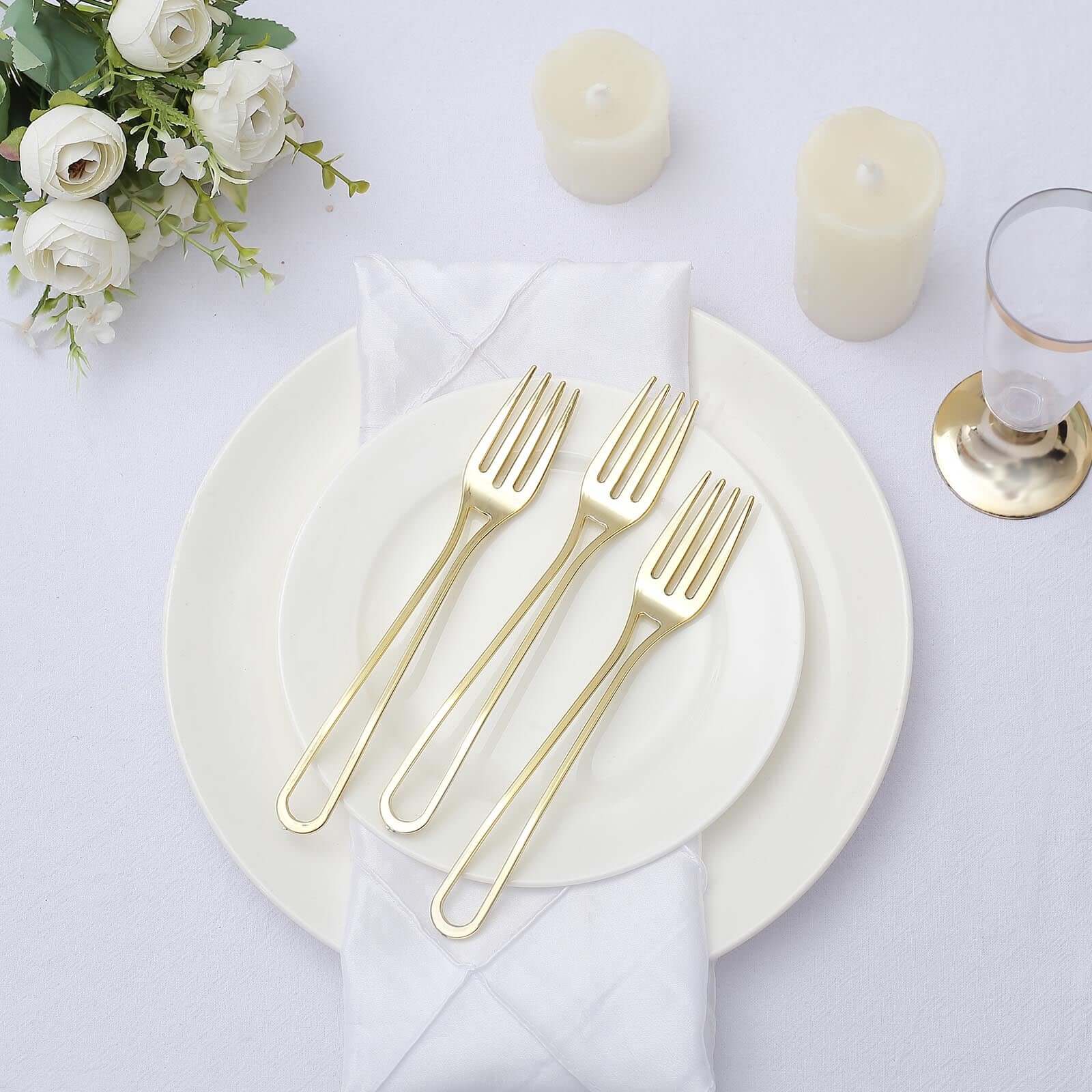 24-Pack Plastic Forks with Modern Hollow Handle Design Gold - Stylish Disposable Utensils 7"