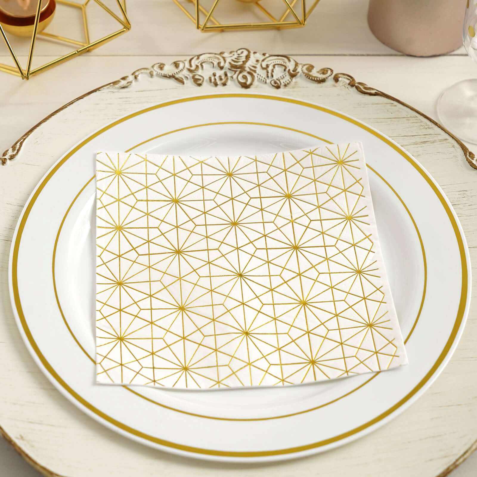 20-Pack Paper Dinner Napkins with Geometric Design Metallic Gold - Disposable 3 Ply Cocktail Napkins for Weddings