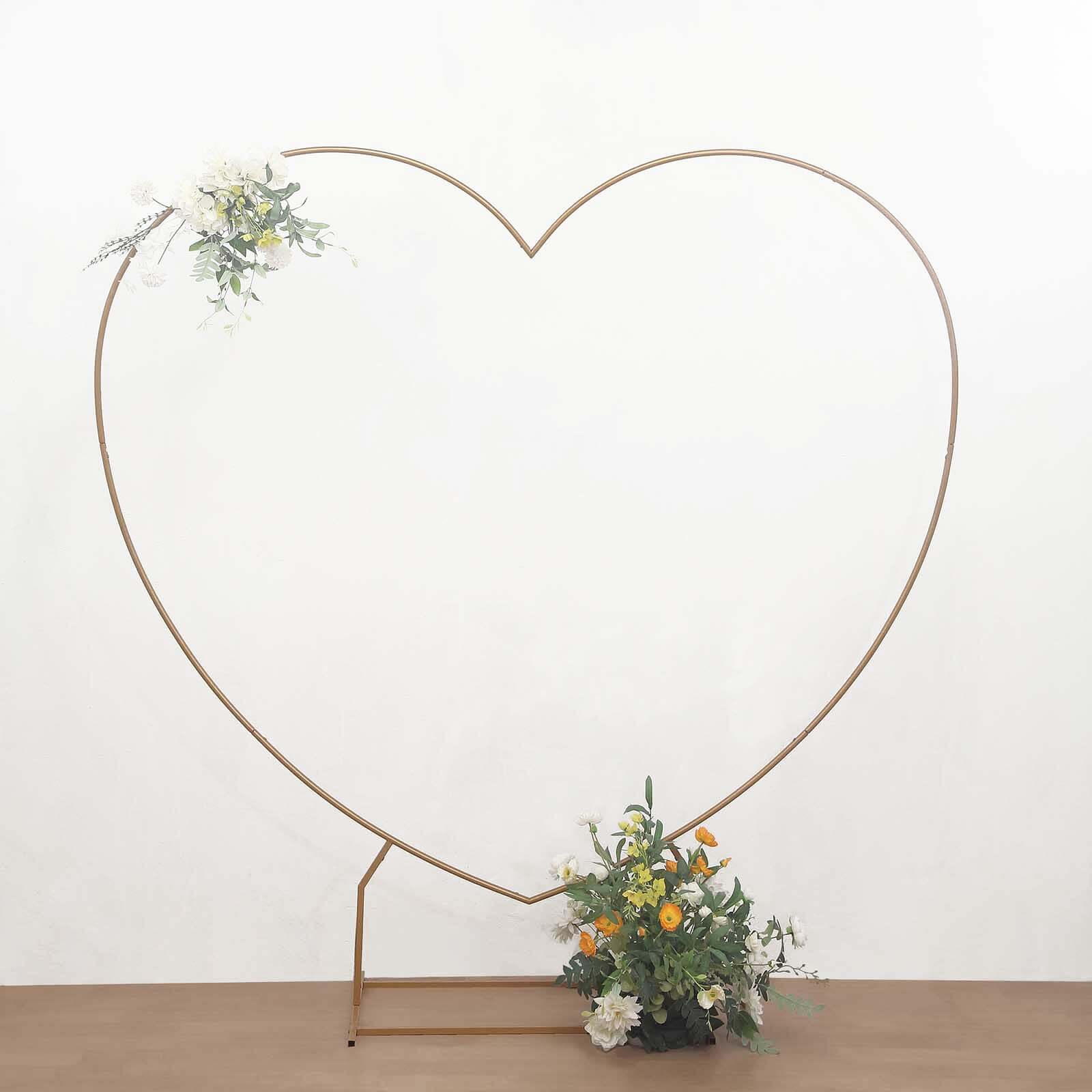 7ft Heavy Duty Gold Metal Heart Shape Photo Backdrop Stand, Wedding Arch Floral Balloon Frame with Sturdy Rectangular Base