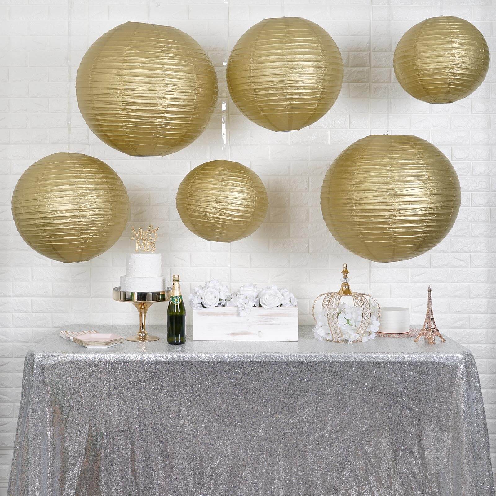 Set of 6 Gold Hanging Paper Lanterns, Chinese Sky Lanterns, Assorted Sizes - 16", 20", 24"