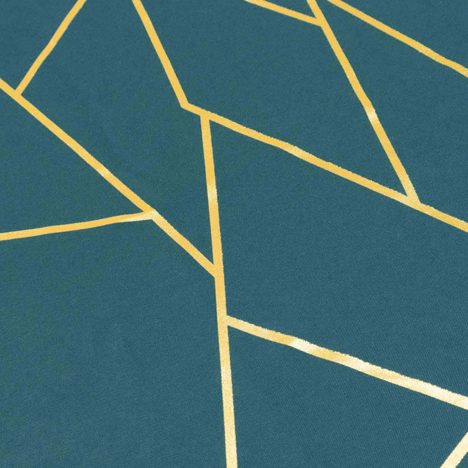 120" Peacock Teal Seamless Round Polyester Tablecloth With Gold Foil Geometric Pattern for 5 Foot Table With Floor-Length Drop