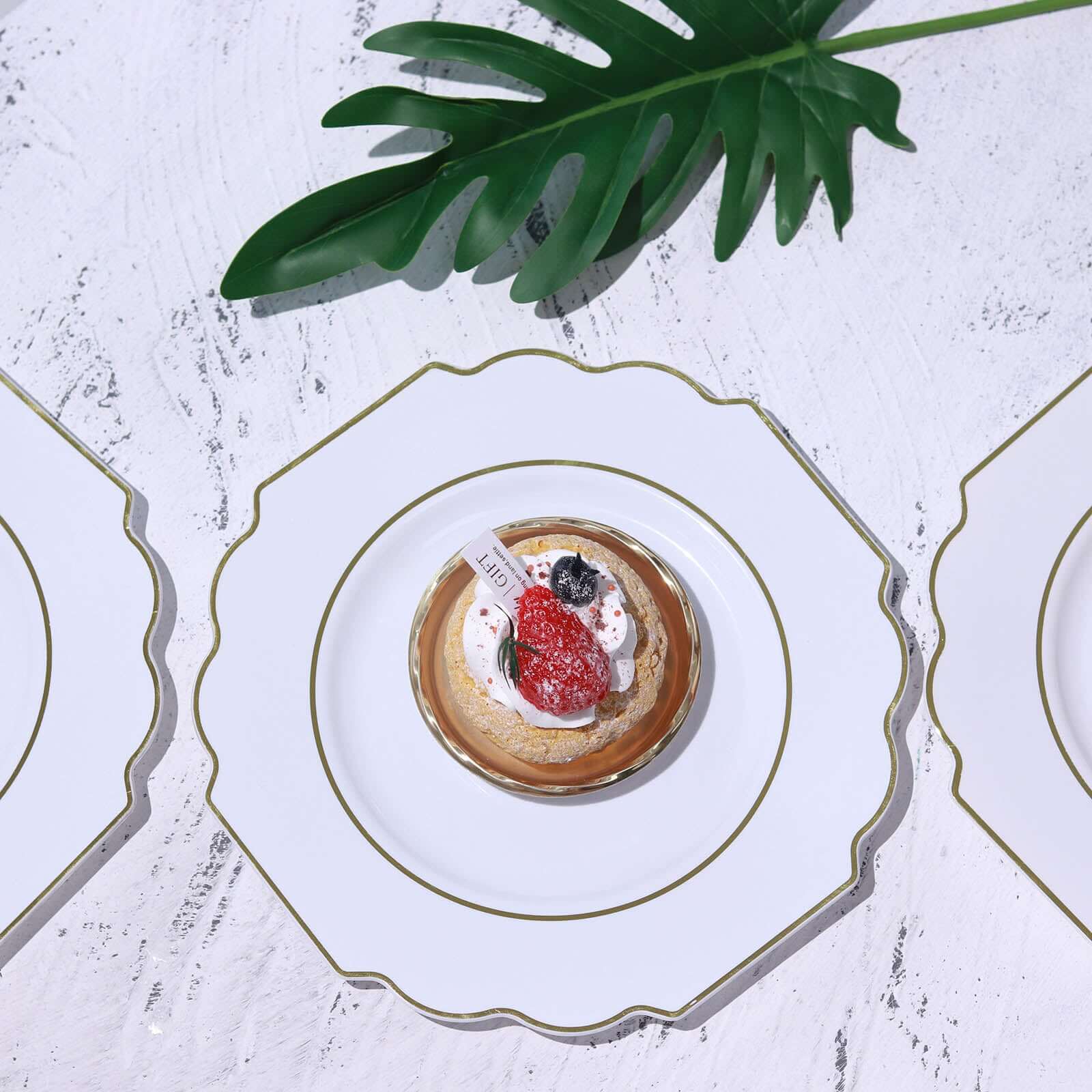 10-Pack Plastic Dessert Appetizer Plates in White Baroque Design with Scalloped Gold Rim - Heavy Duty Disposable Salad Plates for Formal Events & Banquets 8"