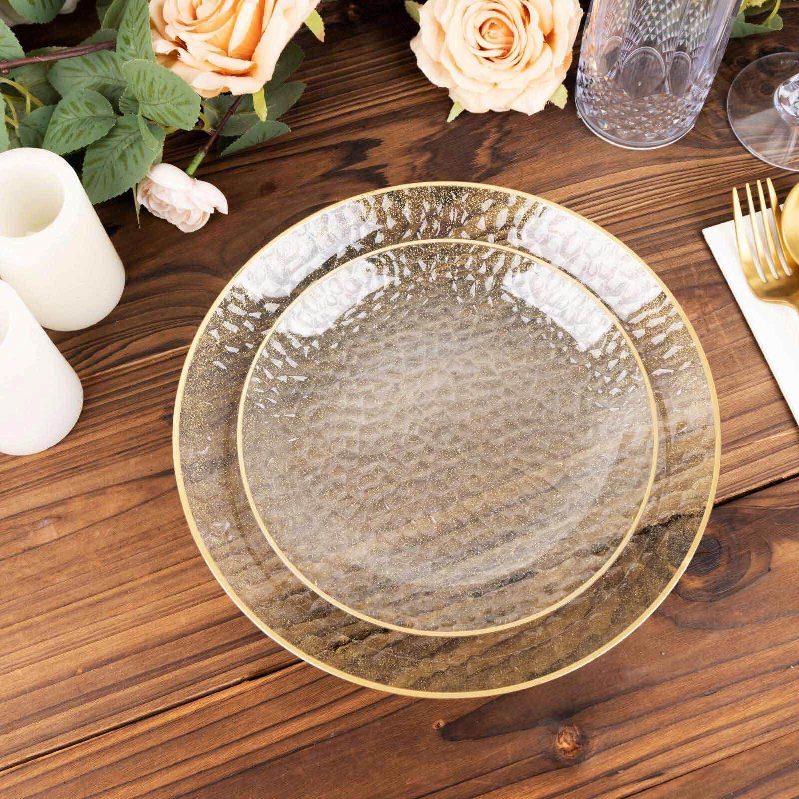 10-Pack Plastic 7" Round Dessert Appetizer Plates in Clear Gold Glittered Hammered Design with Gold Rim - Modern Disposable Salad Plates for Events & Banquets