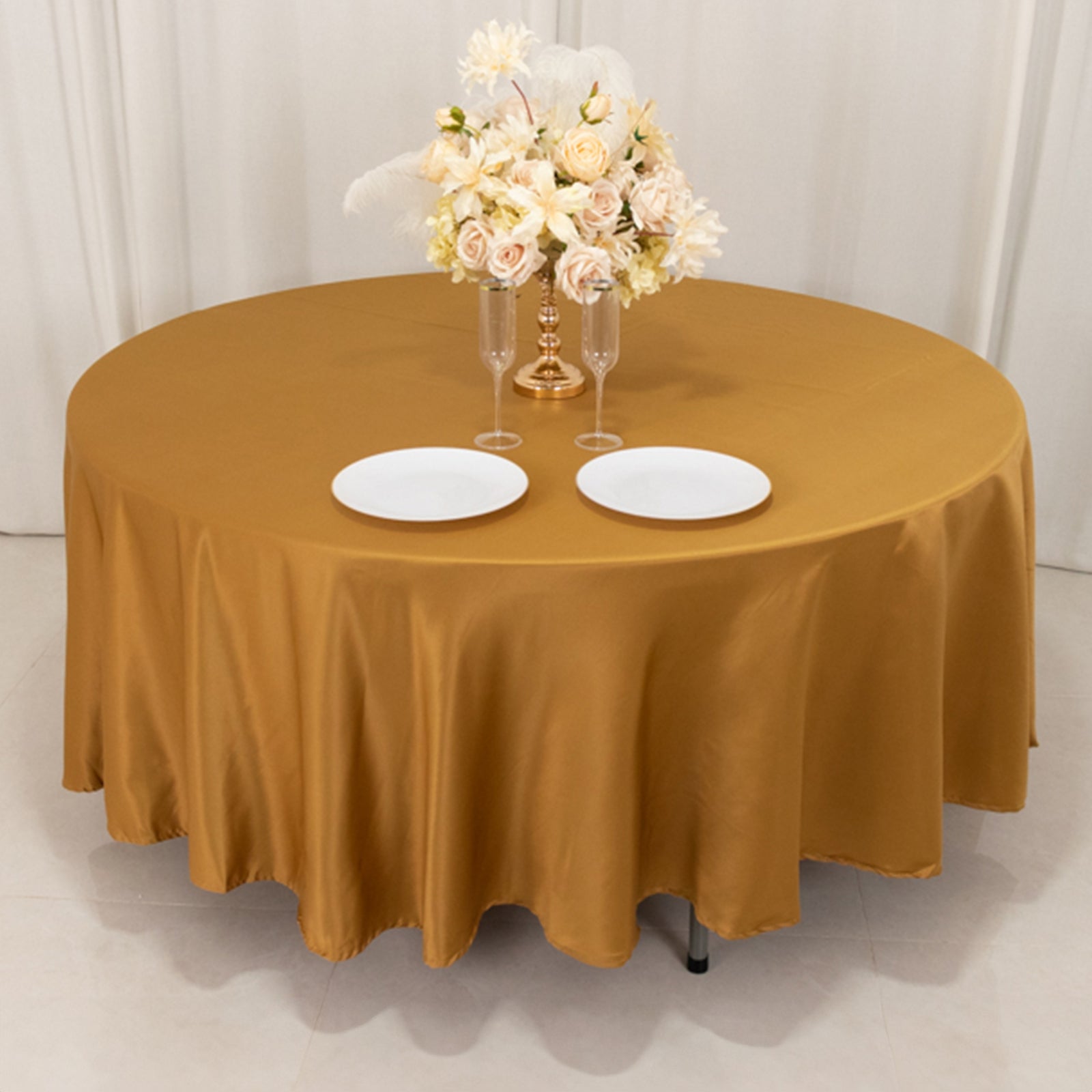 Lamour Satin 108" Round Tablecloth Gold - Durable & Silk-Like Table Cover for Classy Weddings & Events
