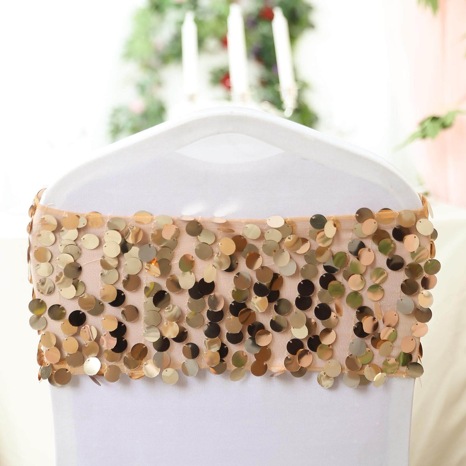 5 Pack Big Payette Sequin 13"x10" Chair Sash Bands Gold - Stylish Glittering Decor for Weddings & Gatherings