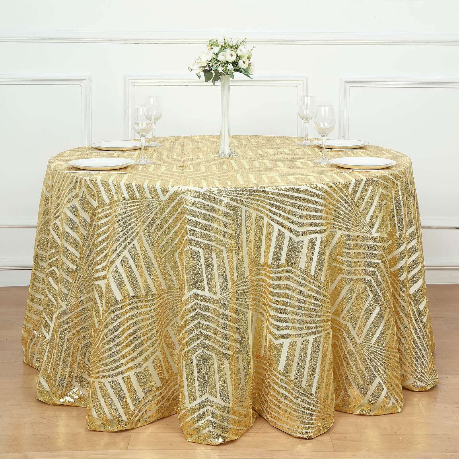 Sequin 120" Round Tablecloth Gold - Seamless Diamond Glitz Design for Glamorous Gatherings