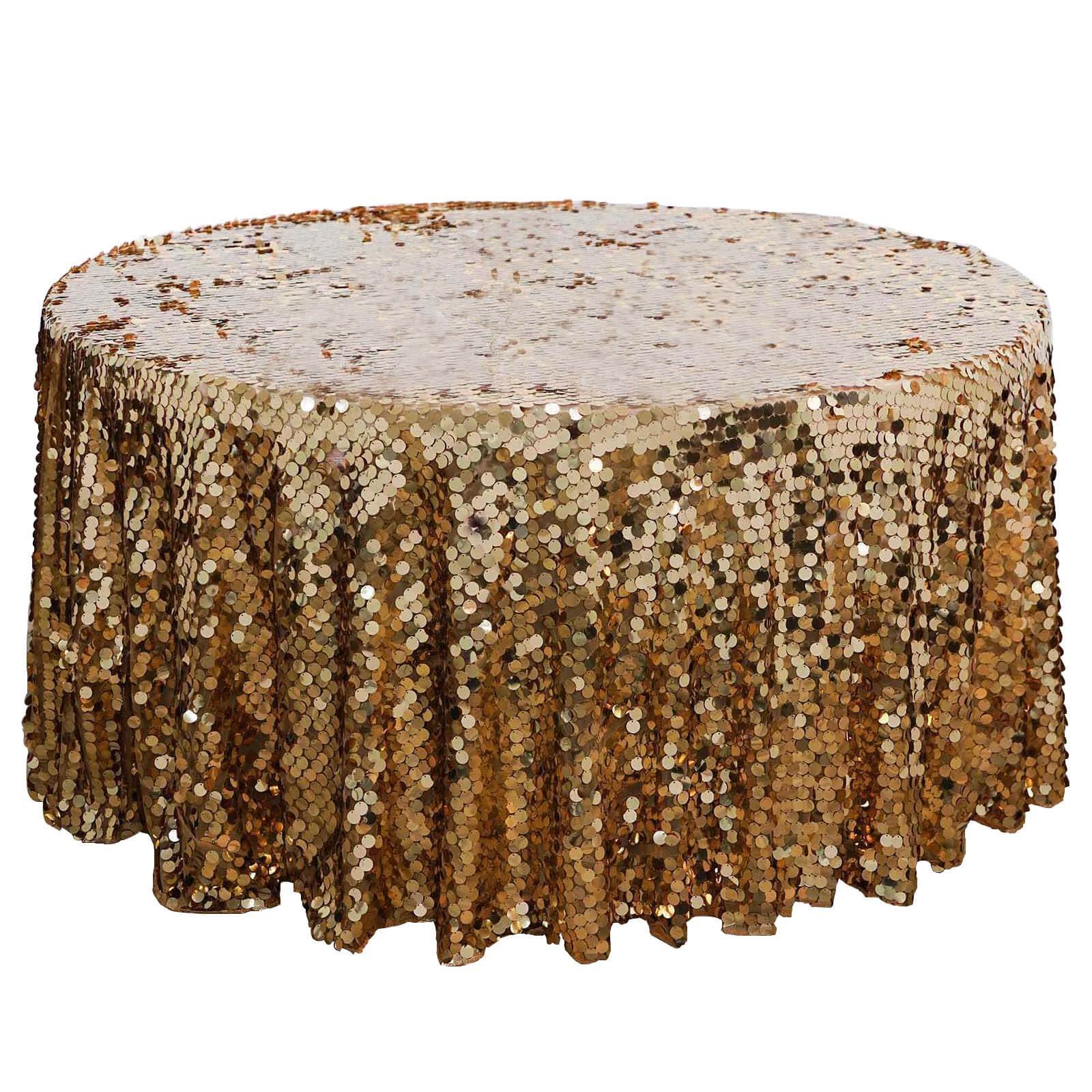 Sequin 120" Round Tablecloth Gold - Seamless Big Payette Design for Luxe Celebrations