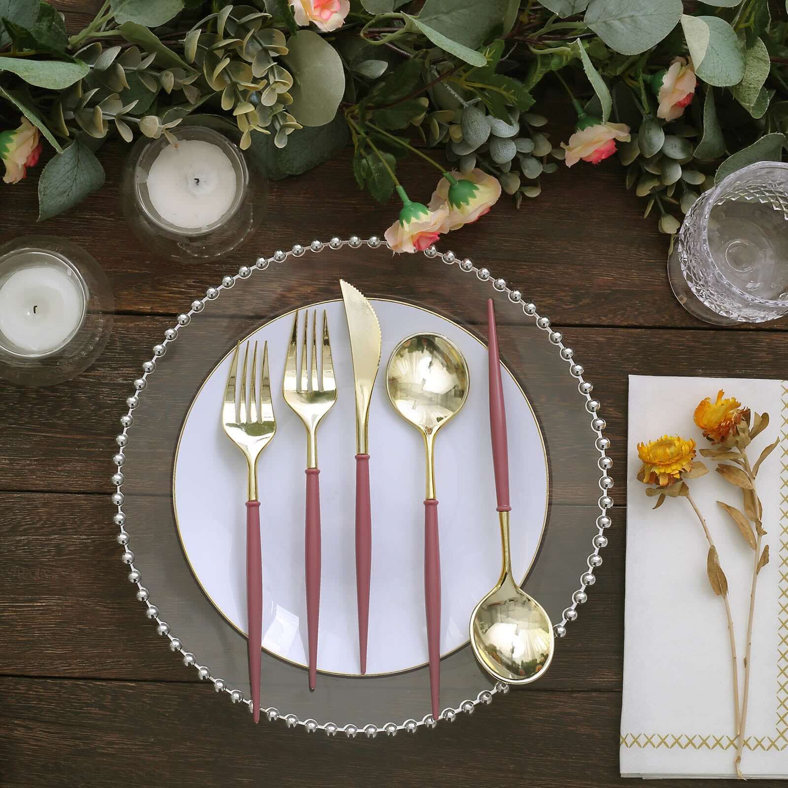 24 Pack 8" Metallic Gold With Cinnamon Rose Disposable Silverware Set, Modern Premium Plastic Utensil Set