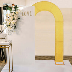 8ft Gold Spandex Fitted U-Shaped Wedding Arch Cover With Shimmer Tinsel Finish, Double-Sided Open Arch Backdrop Slipcover