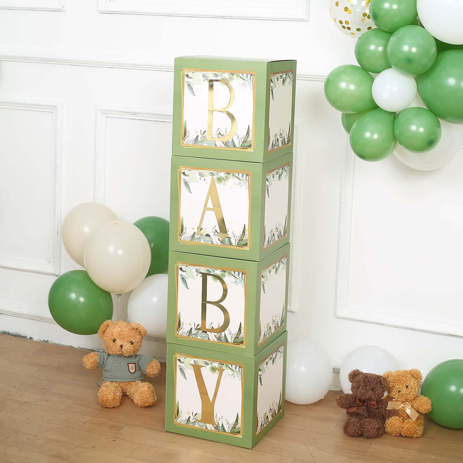4 Pack Green Foliage Leaves Boho Design DIY Prop Balloon Boxes, Gender Neutral Baby Shower Party Decorations