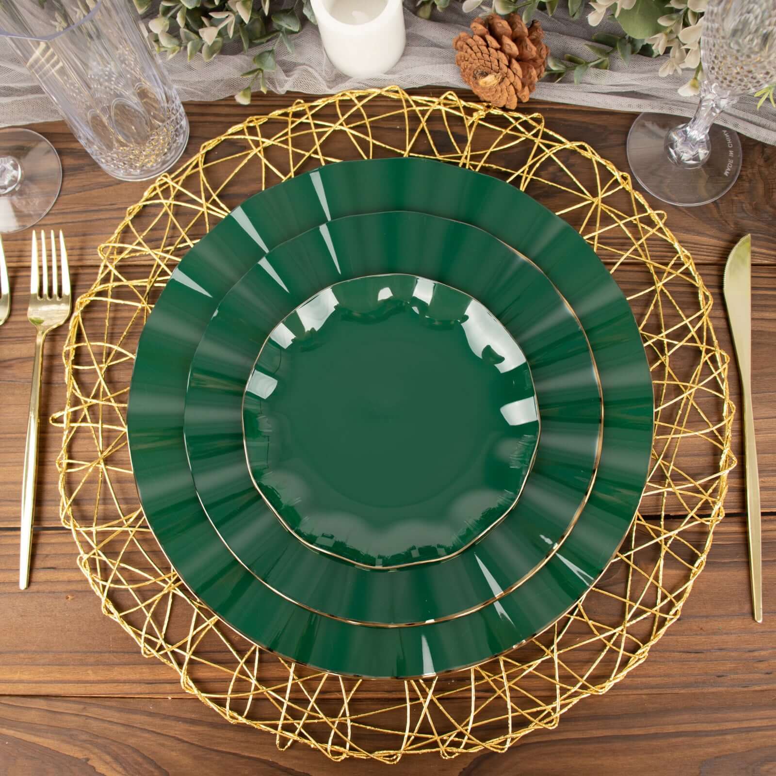 10-Pack Plastic Round 6" Dessert Plates in Hunter Emerald Green Ruffled Rim with Gold Edging - Sturdy Disposable Salad Appetizer Dinnerware