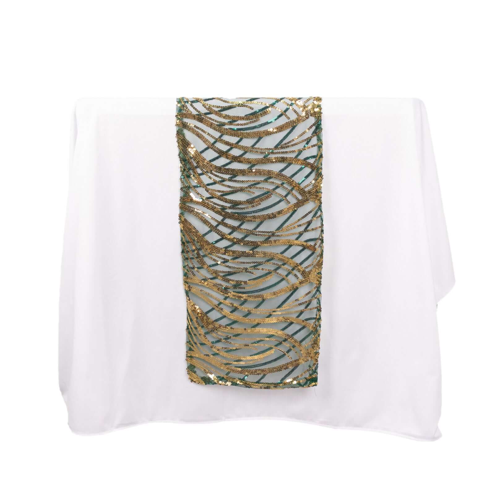 Sequin Mesh 12"x108" Table Runner Hunter Emerald Green Stylish Wave Embroidery