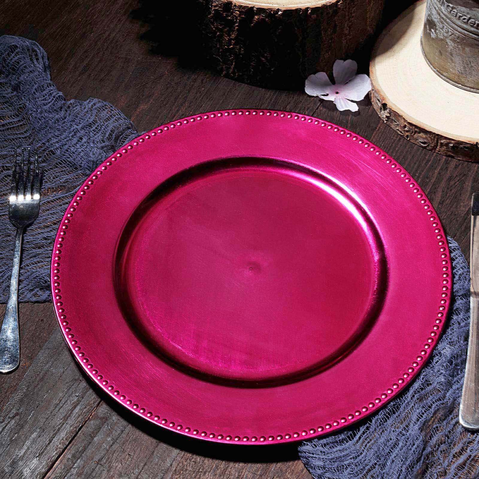 6-Pack Acrylic Round Charger Plates 13" in Hot Pink with Beaded Rim, Dinner Charger Event Tabletop Decor
