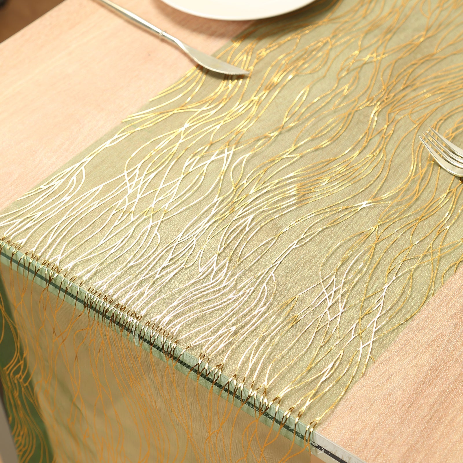5 Pack Organza 12"x108" Table Runners Hunter Emerald Green - Gold Wave Design