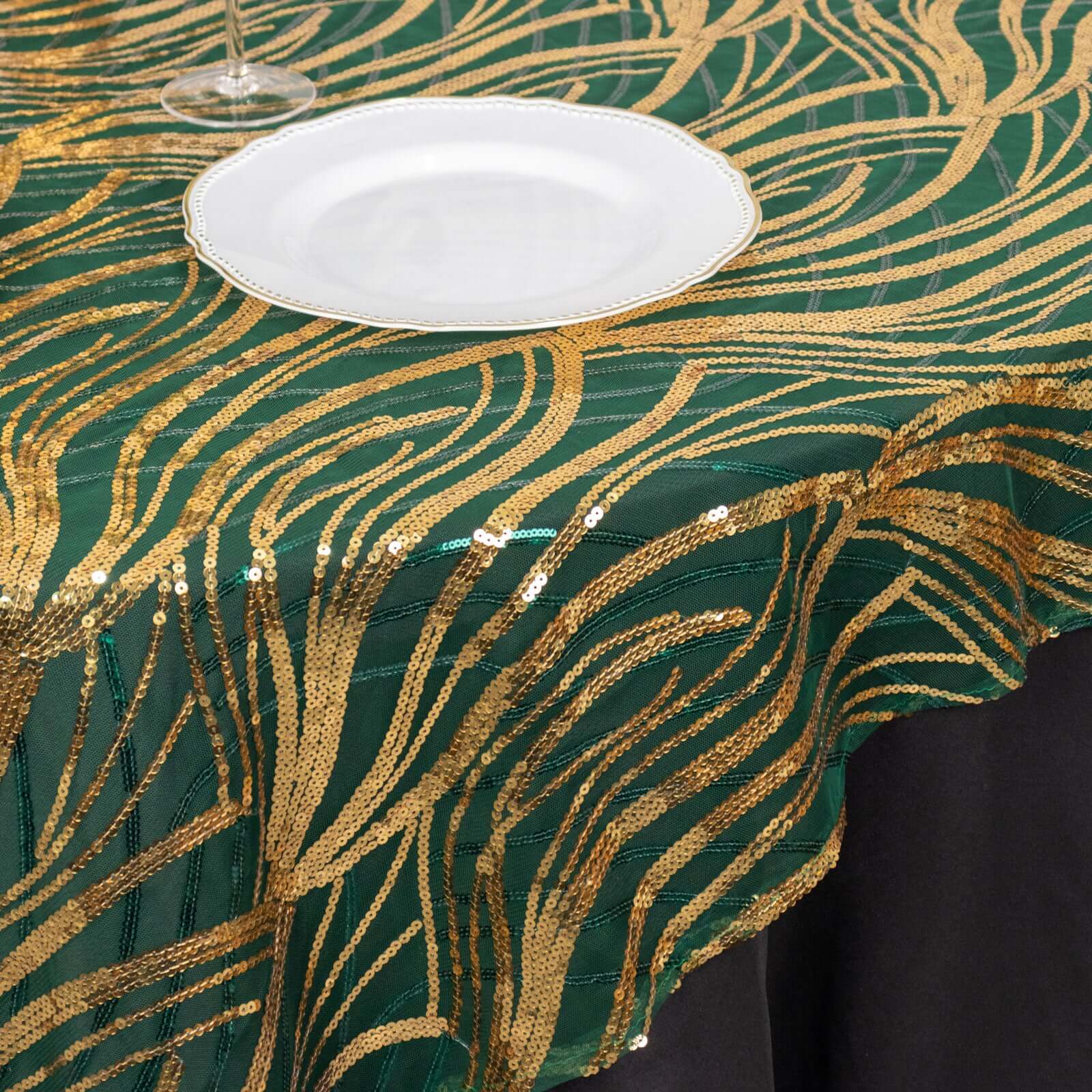 Mesh 72"x72" Table Overlay Square Tablecloth Hunter Emerald Green - Wave Embroidered Sequins Table Topper