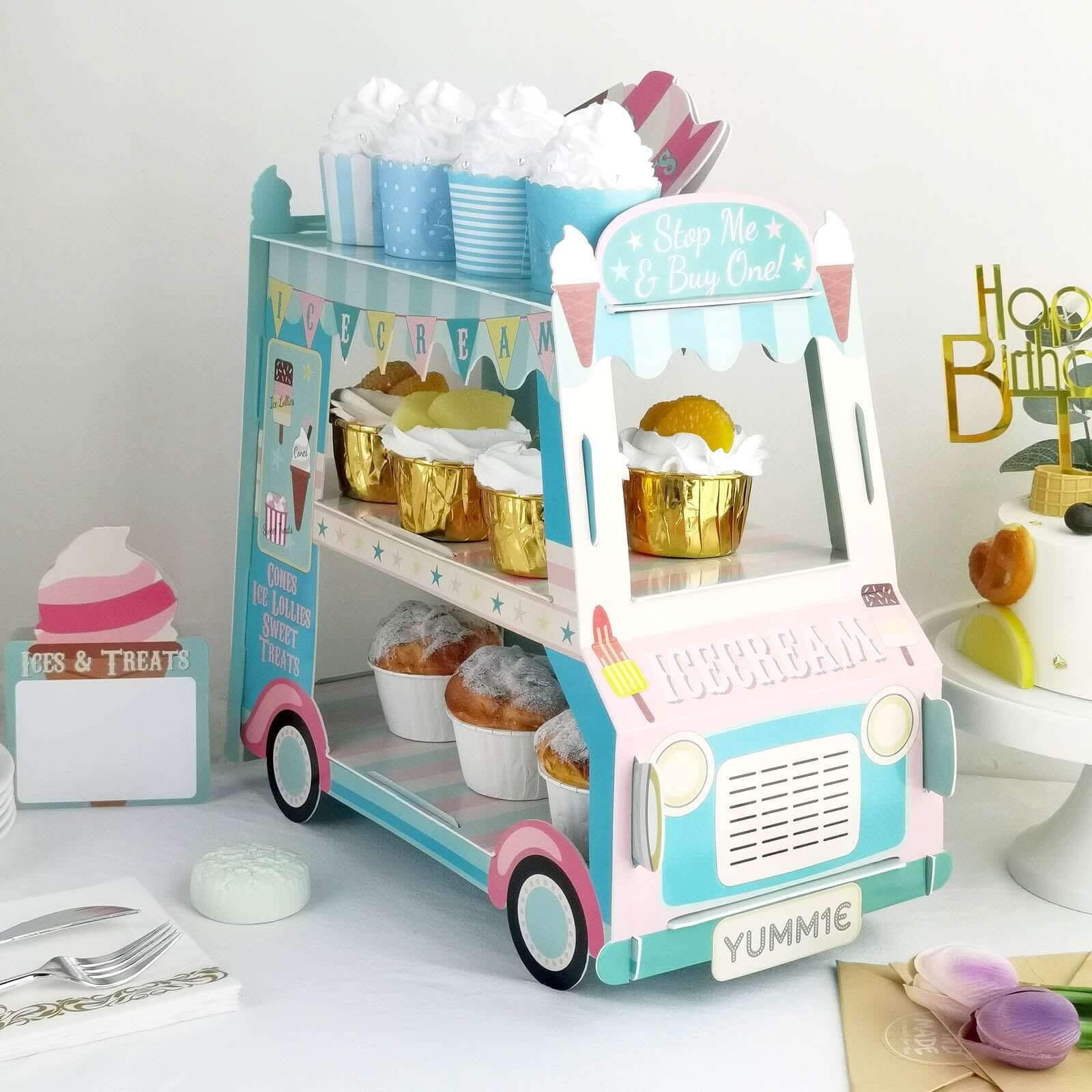 3-Tier Cardboard Cupcake Dessert Stand Tower with Ice Cream Truck Double Decker Design - Fun Disposable Treat Display for Kids' Parties & Snack Stations 16"