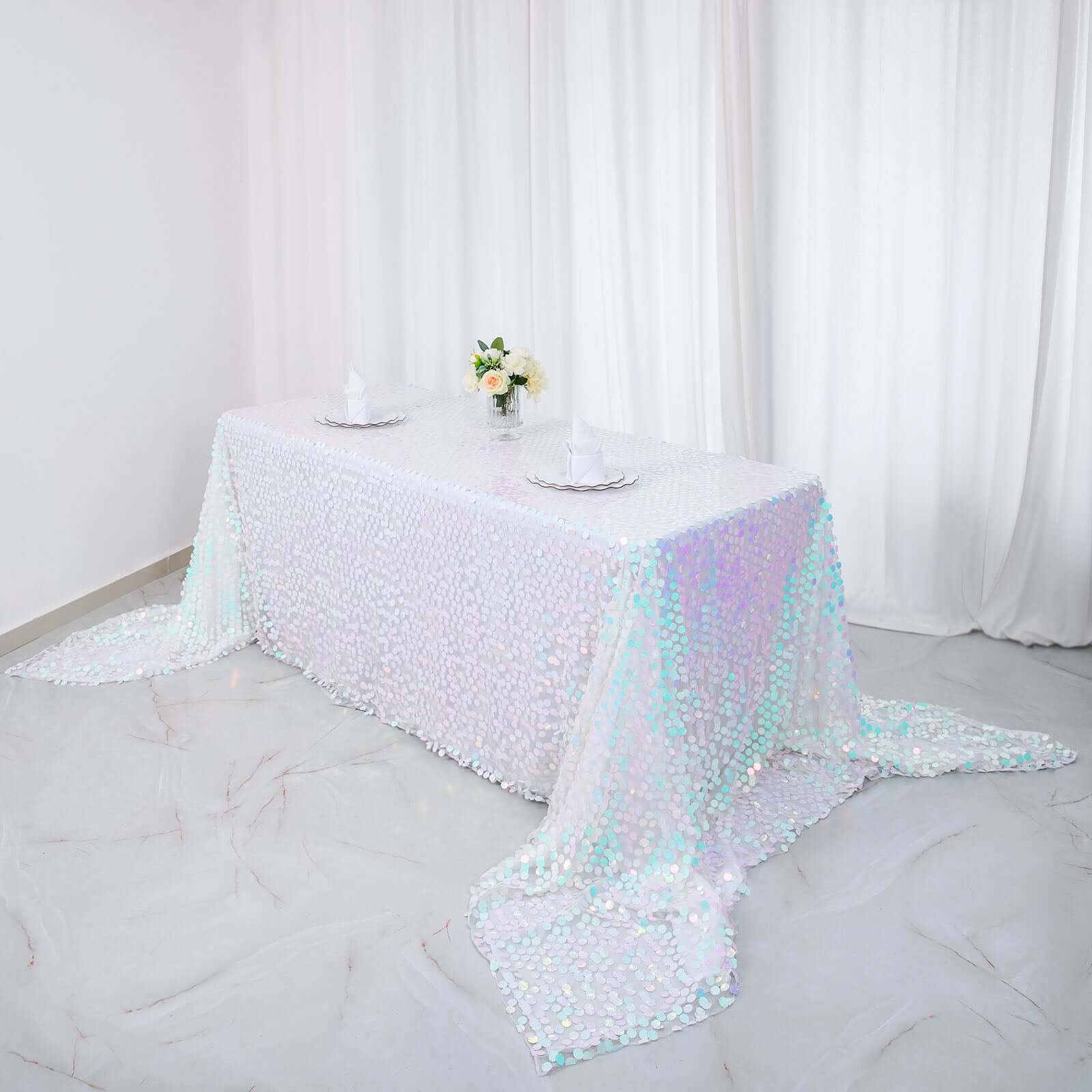 Sequin 90"x156" Rectangle Tablecloth Iridescent Blue - Seamless Big Payette Table Cover