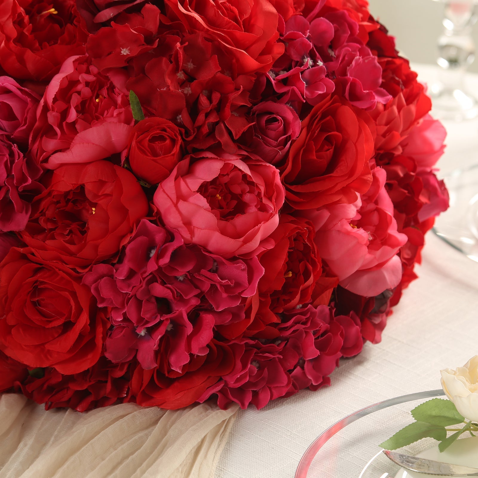 Pre-Arranged Silk Rose Bouquet Floral Arrangement Table Decor, Large Red Artificial Rose Flower Balls Wedding Centerpieces - 20"