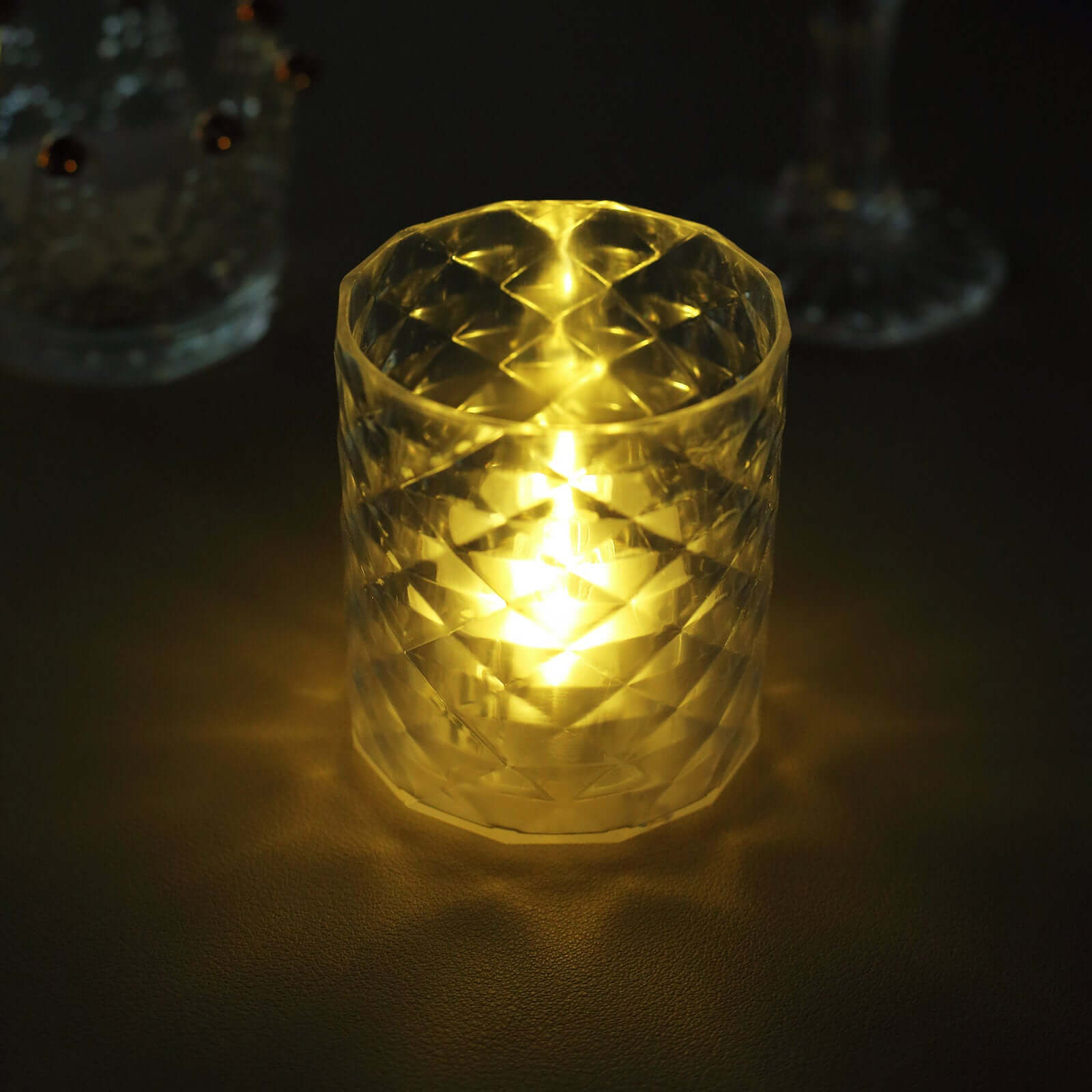 12-Pack LED Tealight Candle Holders Whiskey Glass Design Clear - Warm White Battery Operated Lights 3"