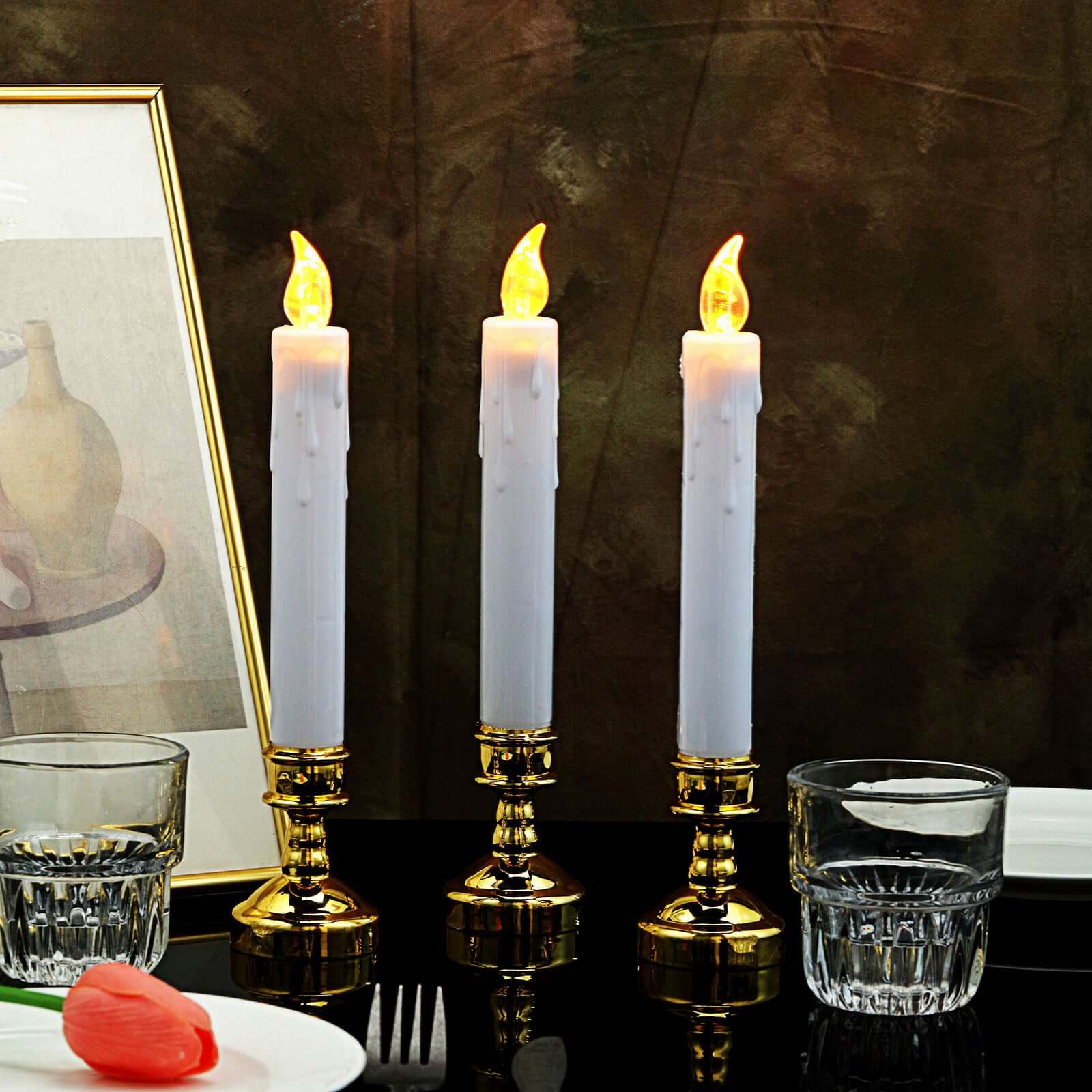 Set of 6 LED Window Candles Flickering White - Battery Operated Taper Candles with Gold Holders 10"