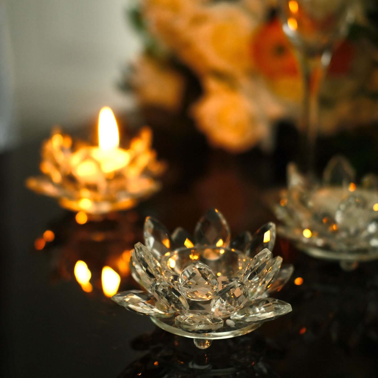 2 Pack Clear 4.5" Crystal Glass Lotus Flower Votive Candle Holders, Tealight Taper Candle Stands