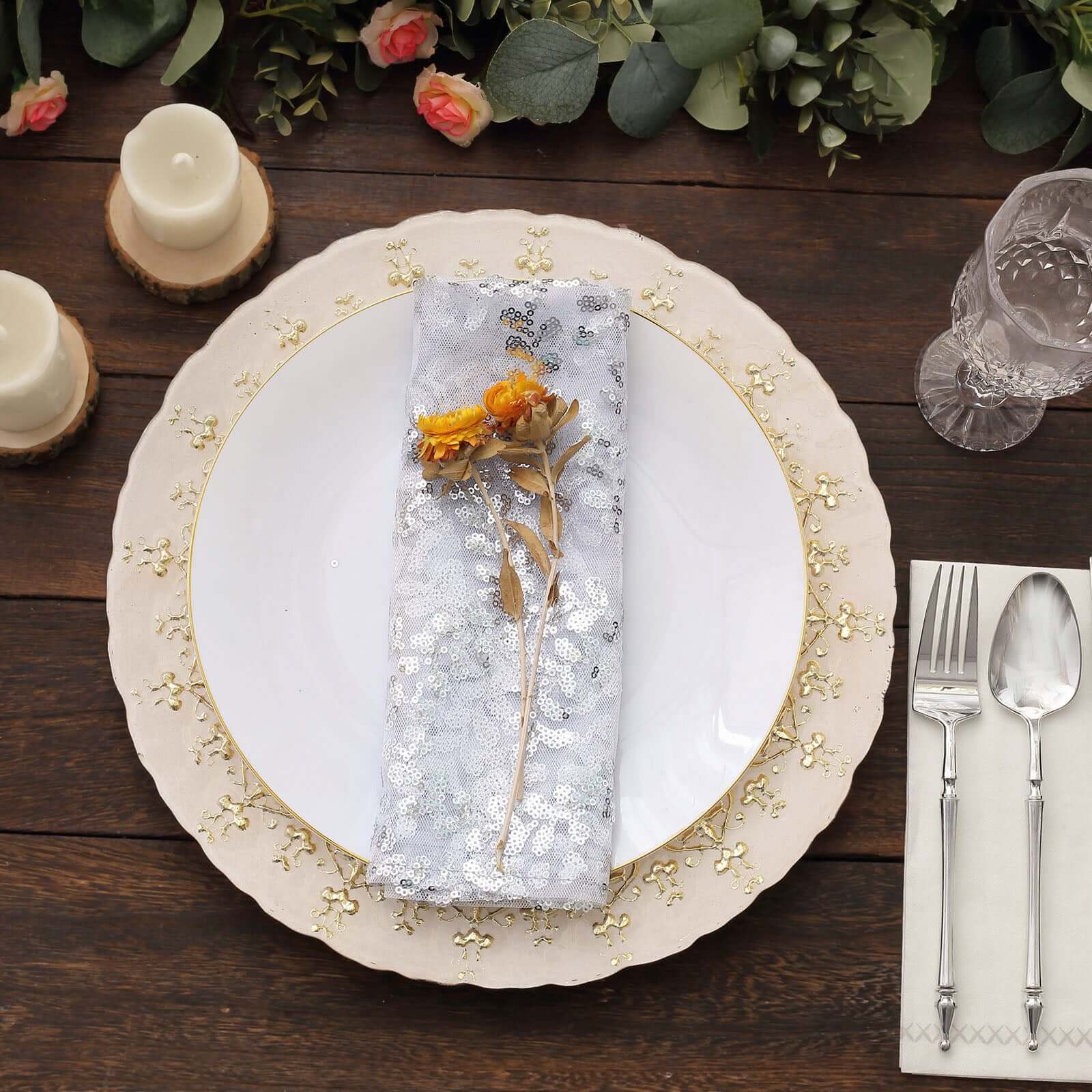 Sequin Tulle 20"x20" Napkin Silver - Embroidered Leaf Vine Dinner Napkins