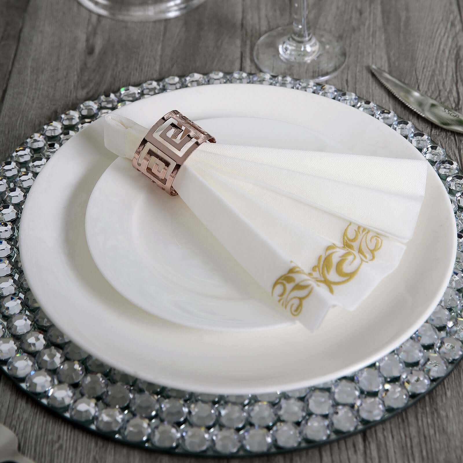 25 Pack Line-Like Paper 8"x4" Napkins White with Metallic Gold Foil Scroll Design - Soft & Absotbent Airlaid Hand Towels for Exquisite Weddings & Events