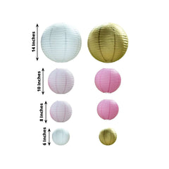 Set of 8 Mixed Blush Gold Hanging Paper Lanterns, Decorative Round Chinese Sky Lanterns, Assorted Sizes - 6",8",10",14"