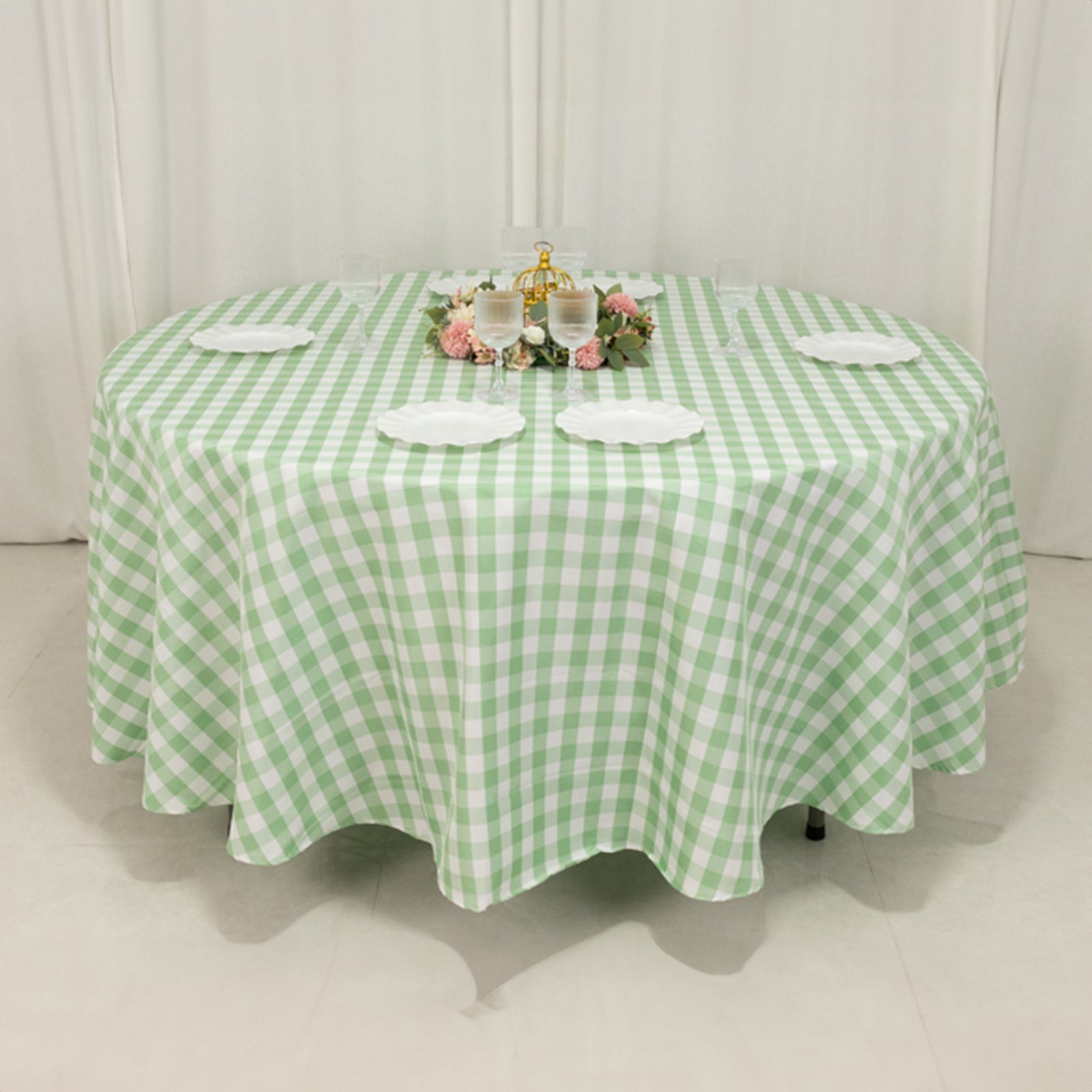 Polyester 108" Round Tablecloth White/Sage Green - Checkered Buffalo Plaid Table Cover