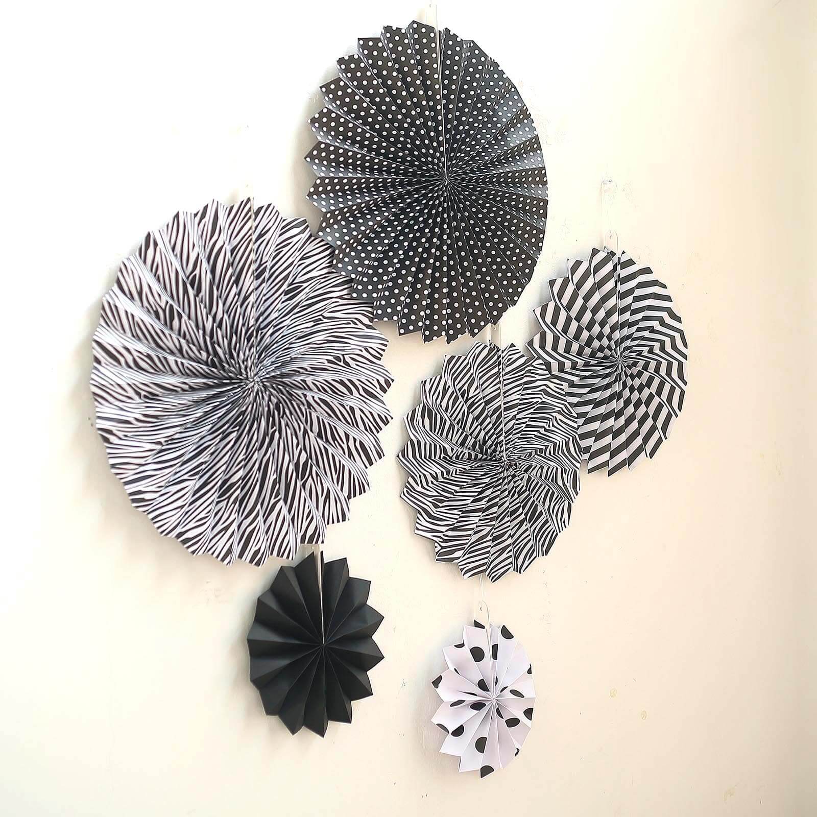 Set of 6 Black White Hanging Paper Fan Decorations, Pinwheel Wall Backdrop Party Kit - 8", 12", 16"