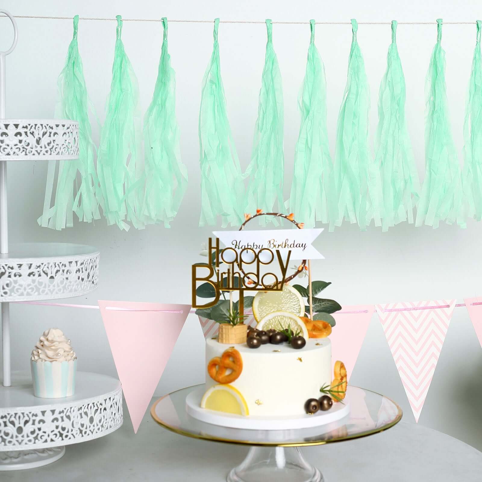 12 Pack Pre-Tied Mint Tissue Paper Tassel Garland With String, Hanging Fringe Party Streamer Backdrop Decor