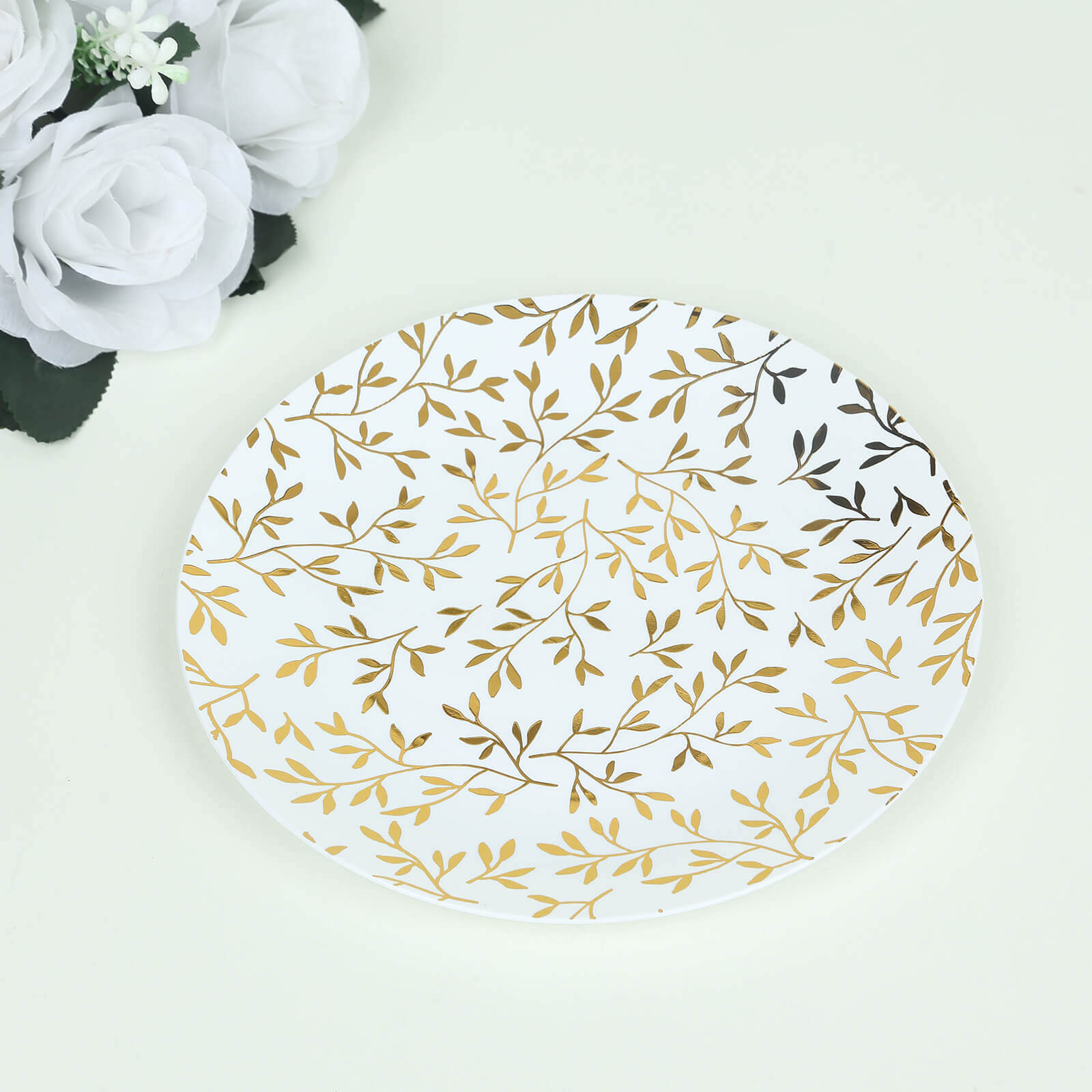 10-Pack Plastic 8" Round Salad Dessert Plates in White with Gold Leaf Design - Heavy Duty Disposable Party Plates for Stylish Events & Memorable Gatherings