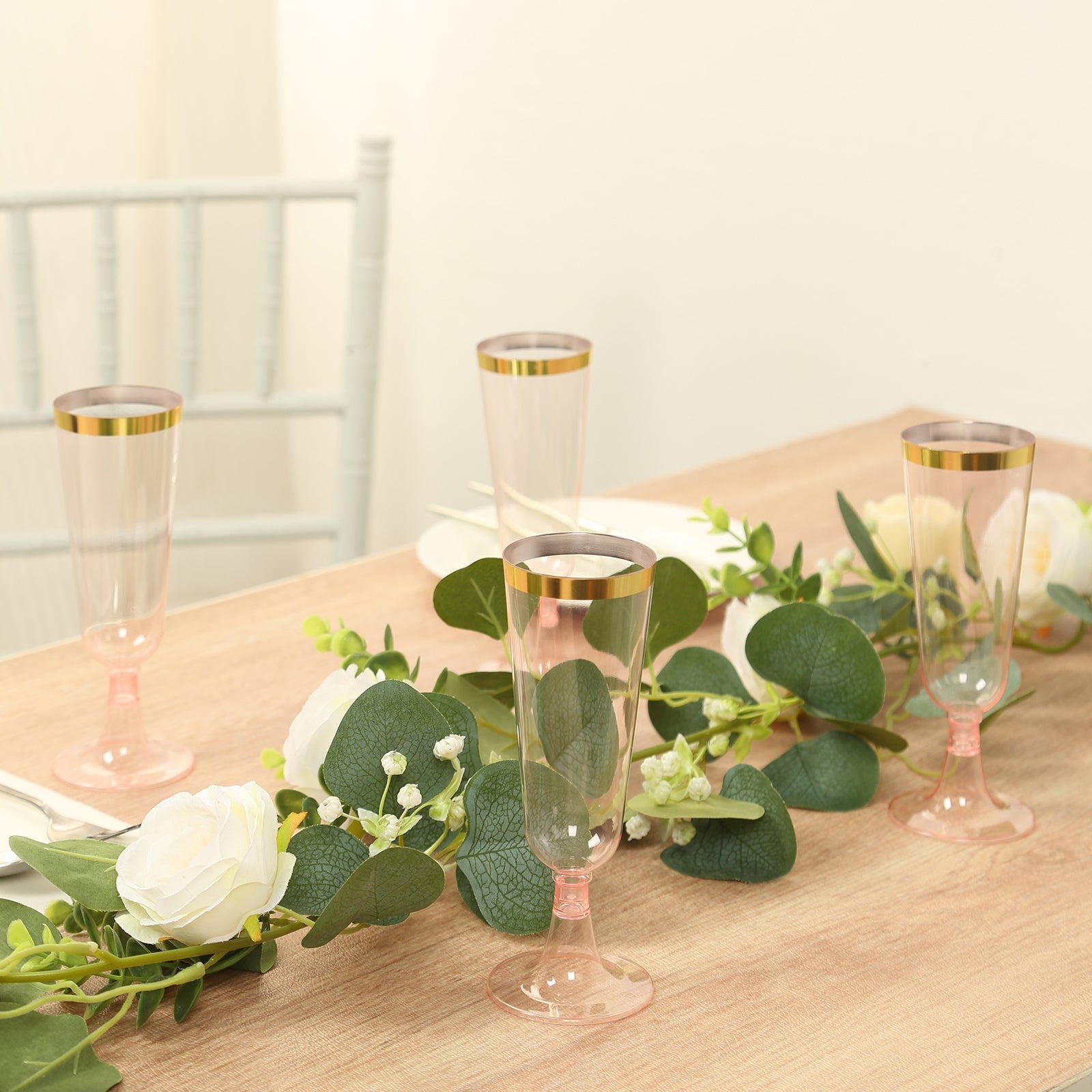 12-Pack Plastic Champagne Flutes Transparent Blush with Gold Rim - Stylish Disposable Cocktail Glasses for Parties 5oz 6"