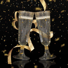 12-Pack Plastic Champagne Glasses Gold Glittered Short Stem - Stylish Disposable Flutes with Detachable Base for Toasts 5oz