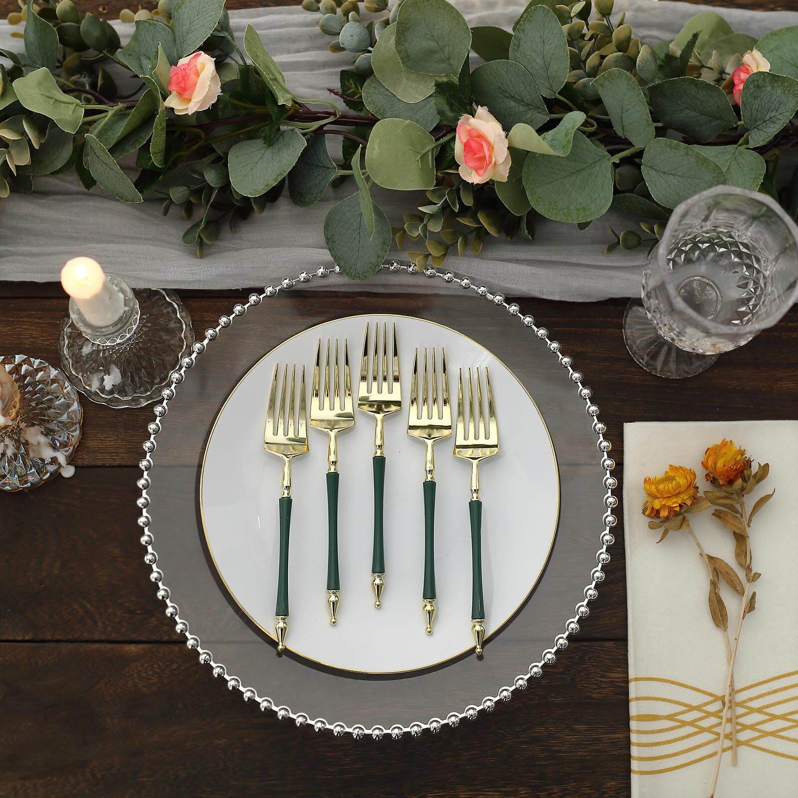 24 Pack 6" Gold Hunter Emerald Green Plastic Dessert Forks With Roman Column Handle, European Style Disposable Utensils