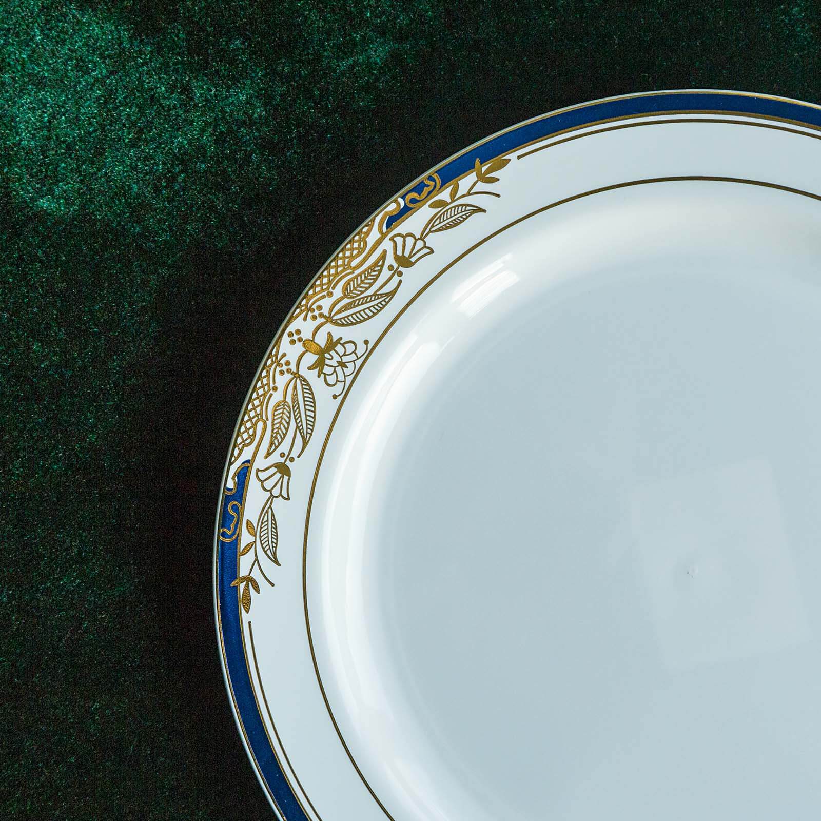 10-Pack Plastic 8" Round Dessert Plates in White with Royal Blue Rim - Stylish Gold Vine Design Disposable Salad/Appetizer Plates for Special Occasions & Celebrations