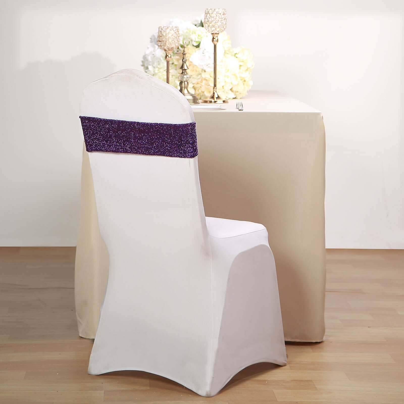 5 Pack Metallic Shimmer Tinsel Spandex Chair Sashes Purple - Durable and Reusable Stretch Chair Bands