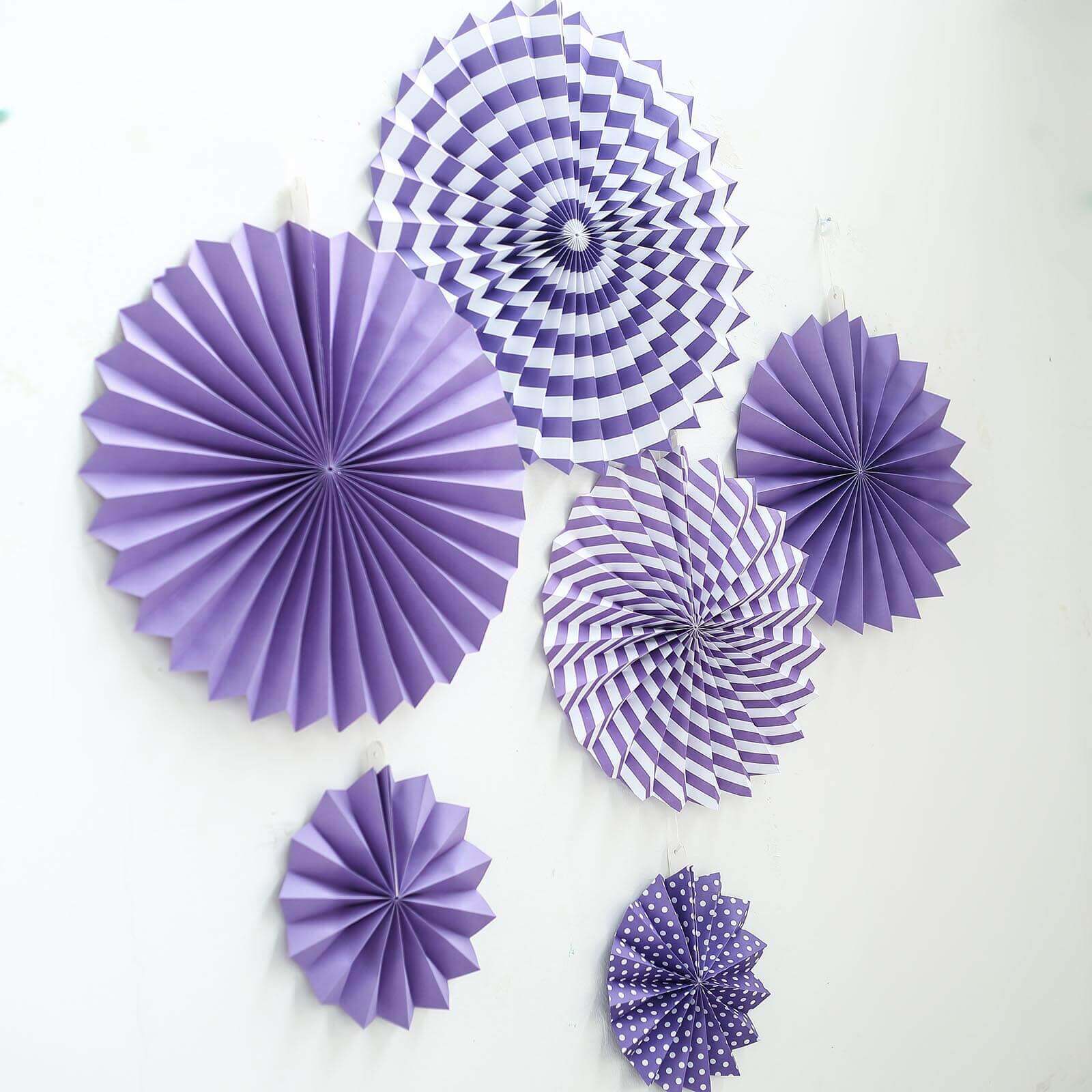 Set of 6 Purple Hanging Paper Fan Decorations, Pinwheel Wall Backdrop Party Kit - 8", 12", 16"