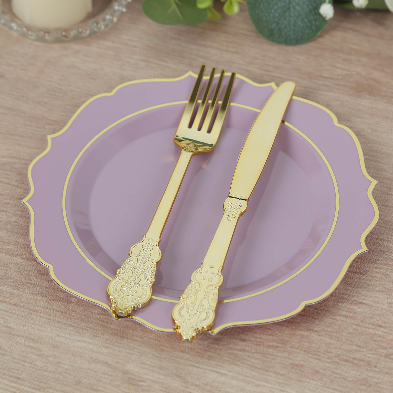 10-Pack Plastic 8" Round Desert Plates in Lavender Lilac with Gold Scalloped Rim - Disposable Appetizer/Salad Plates